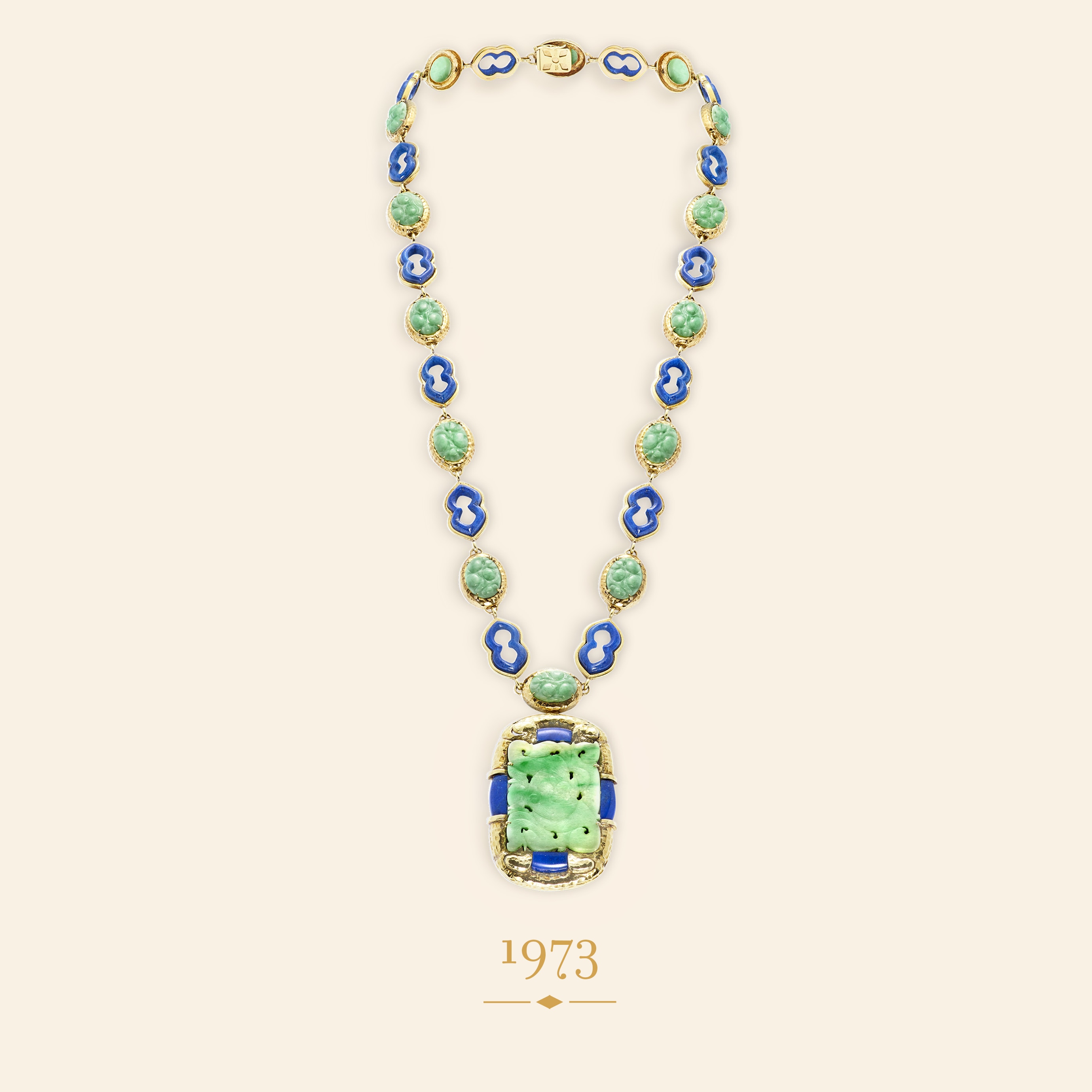 Necklace, 1973. 18K yellow gold, jade, lapis lazuli, diamonds. Van Cleef & Arpels Collection.