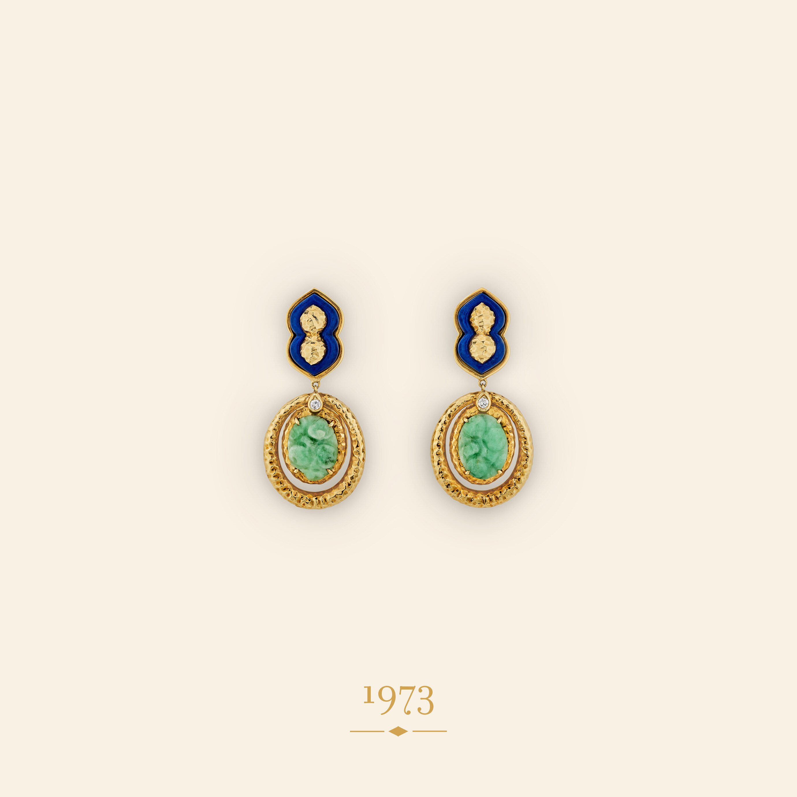 Earrings, 1973. 18K yellow gold, jade, lapis lazuli, diamonds. Van Cleef & Arpels Collection.