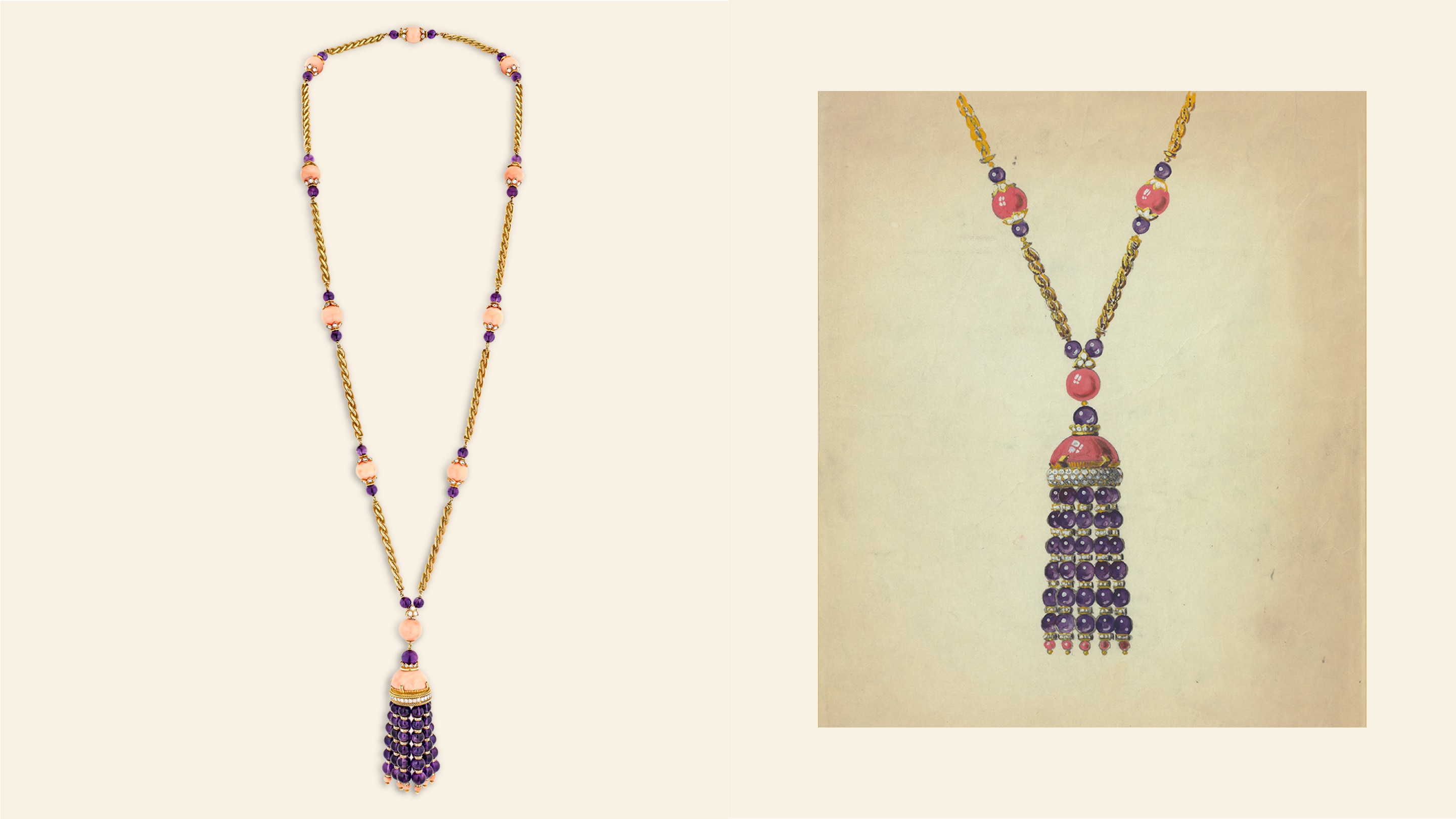 Tassel long necklace, 1970. 18K yellow gold, amethysts, coral, diamonds. Van Cleef & Arpels Collection.