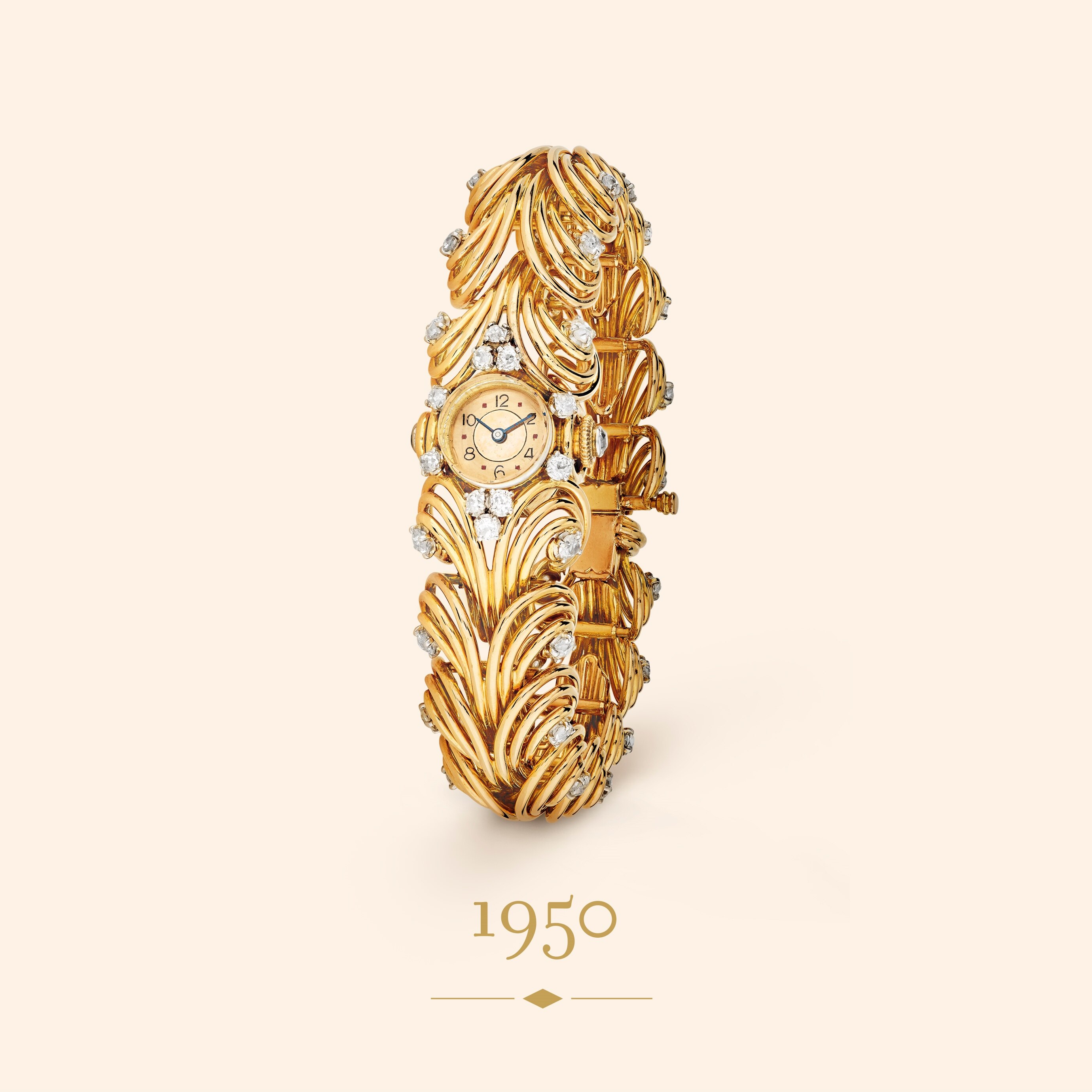 Bracelet montre, vers 1950. Or jaune, or rose, platine, émail, diamants. Collection Van Cleef & Arpels.