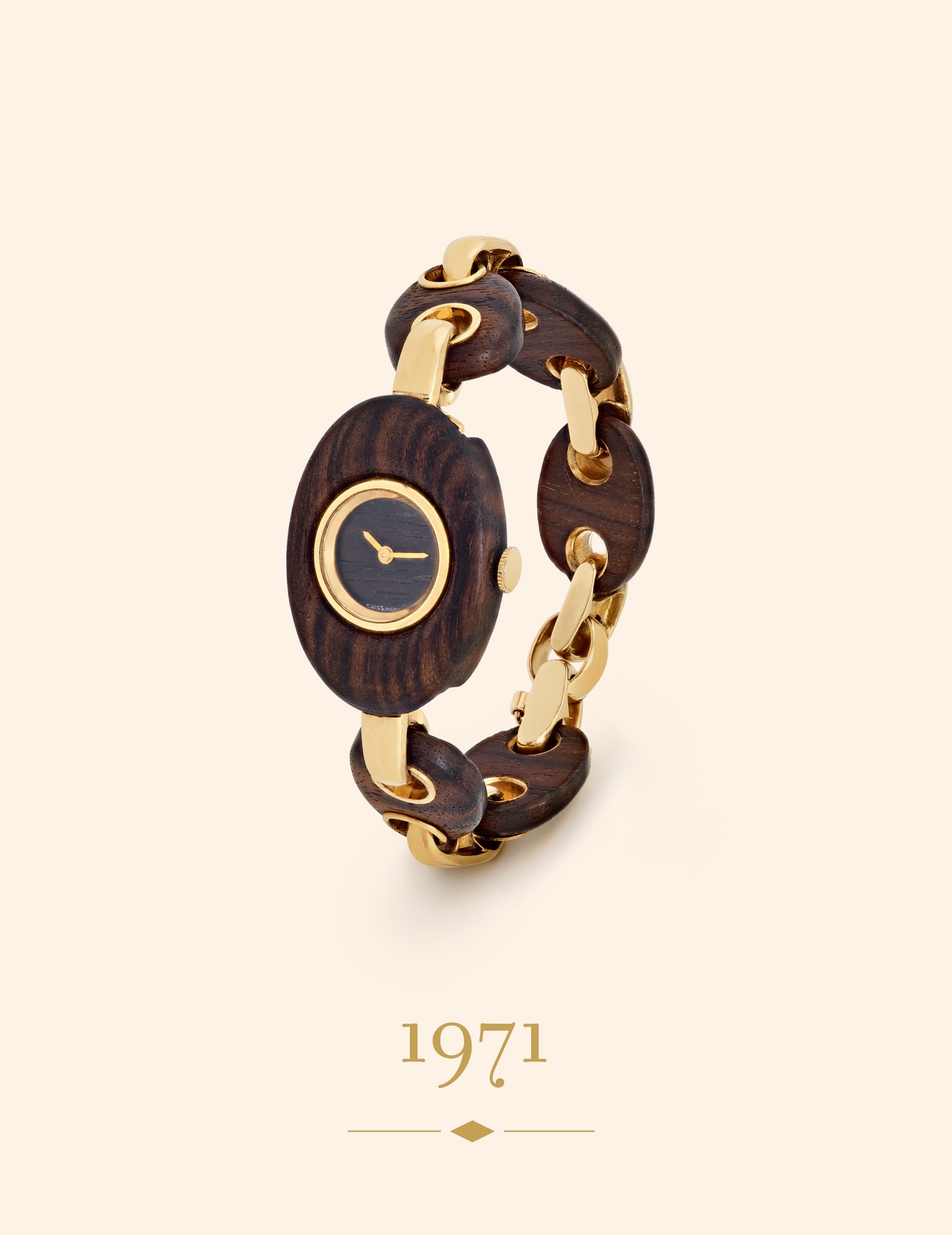 Armbanduhr, 1971. 18 Karat Gelbgold, Holz. Sammlung Van Cleef & Arpels.
