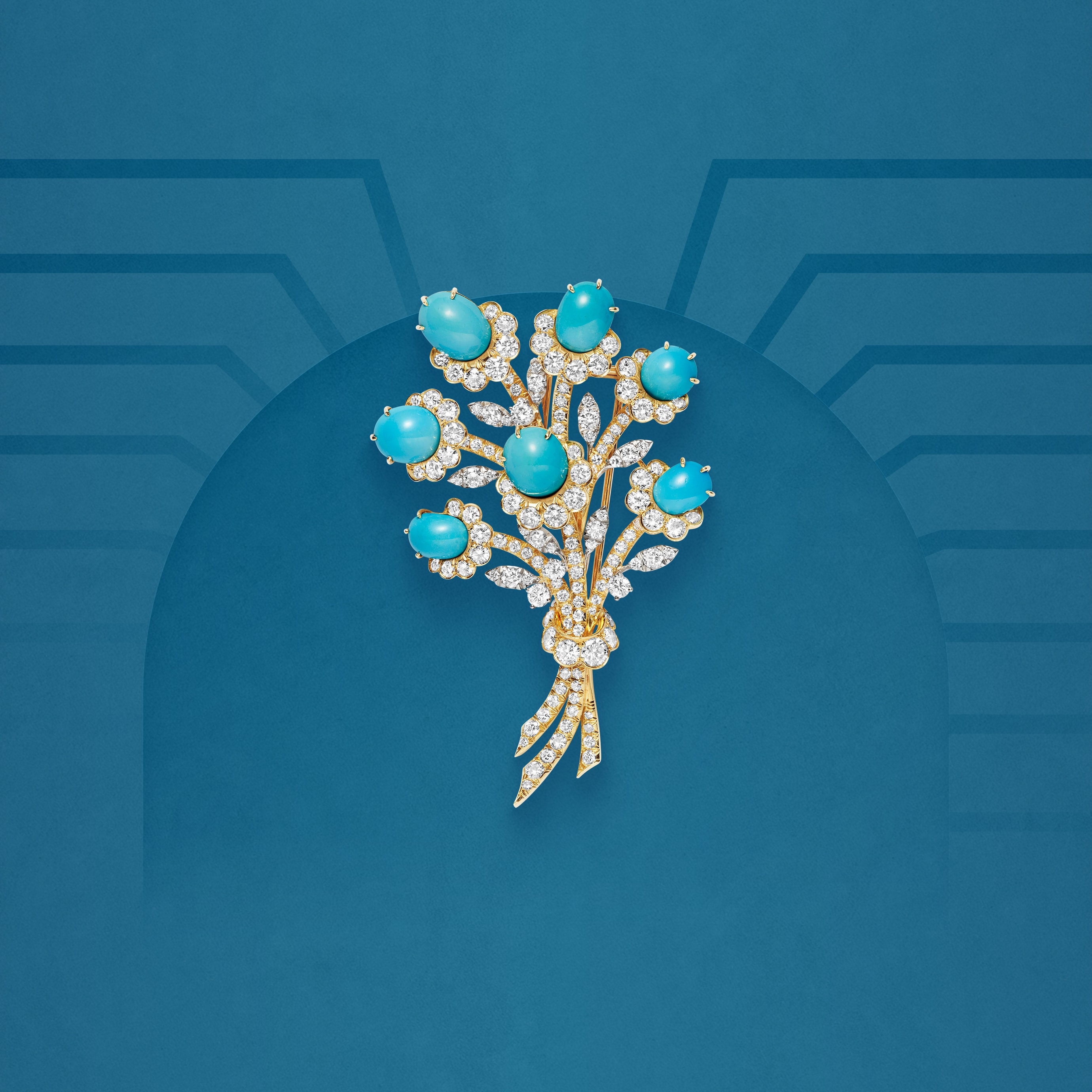 Spray clip, 1959. 18K yellow gold, 18K white gold, turquoise, diamonds. Van Cleef & Arpels Collection.