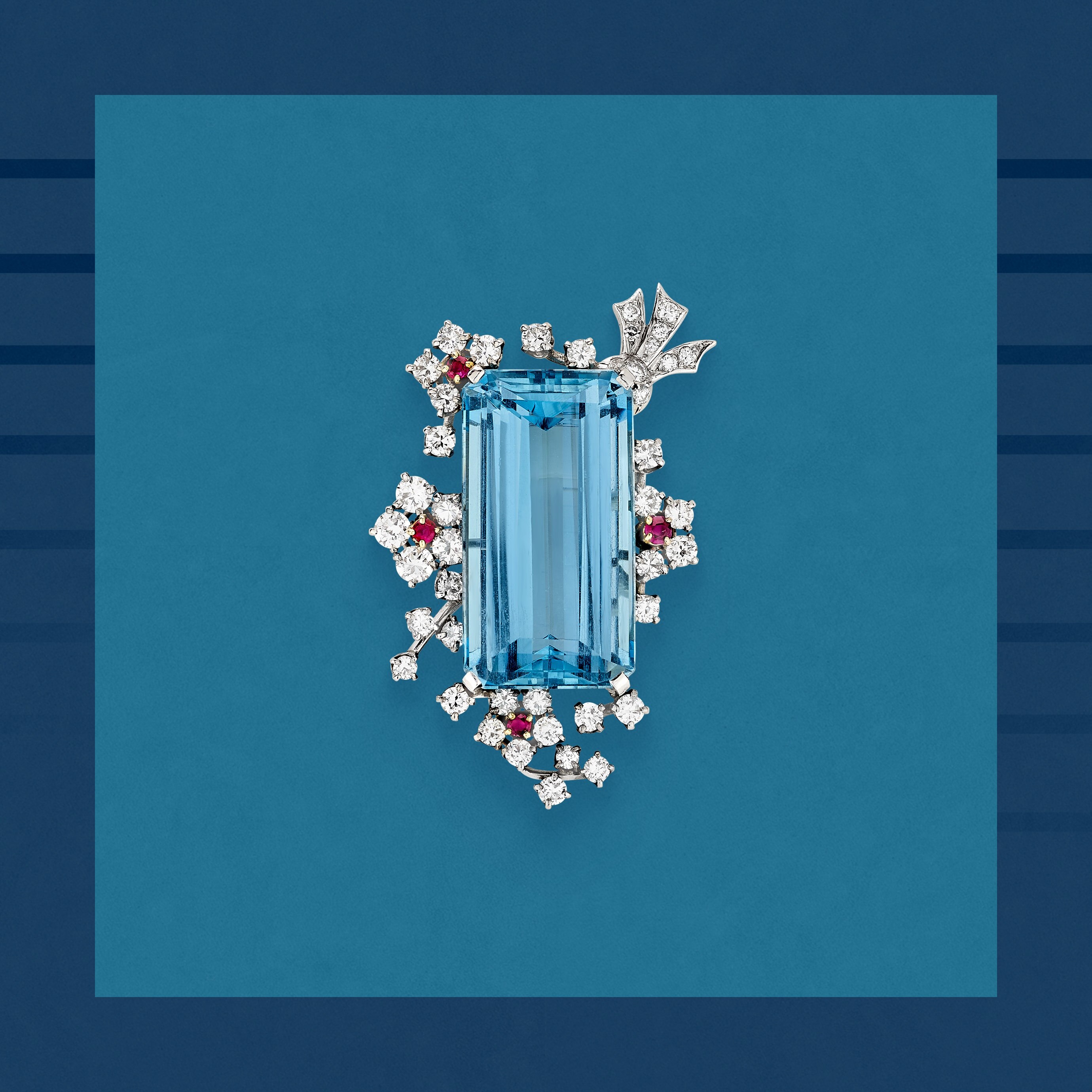 Clip, 1946. 18K white gold, 18K yellow gold, rubies, aquamarine, diamonds. Van Cleef & Arpels Collection.