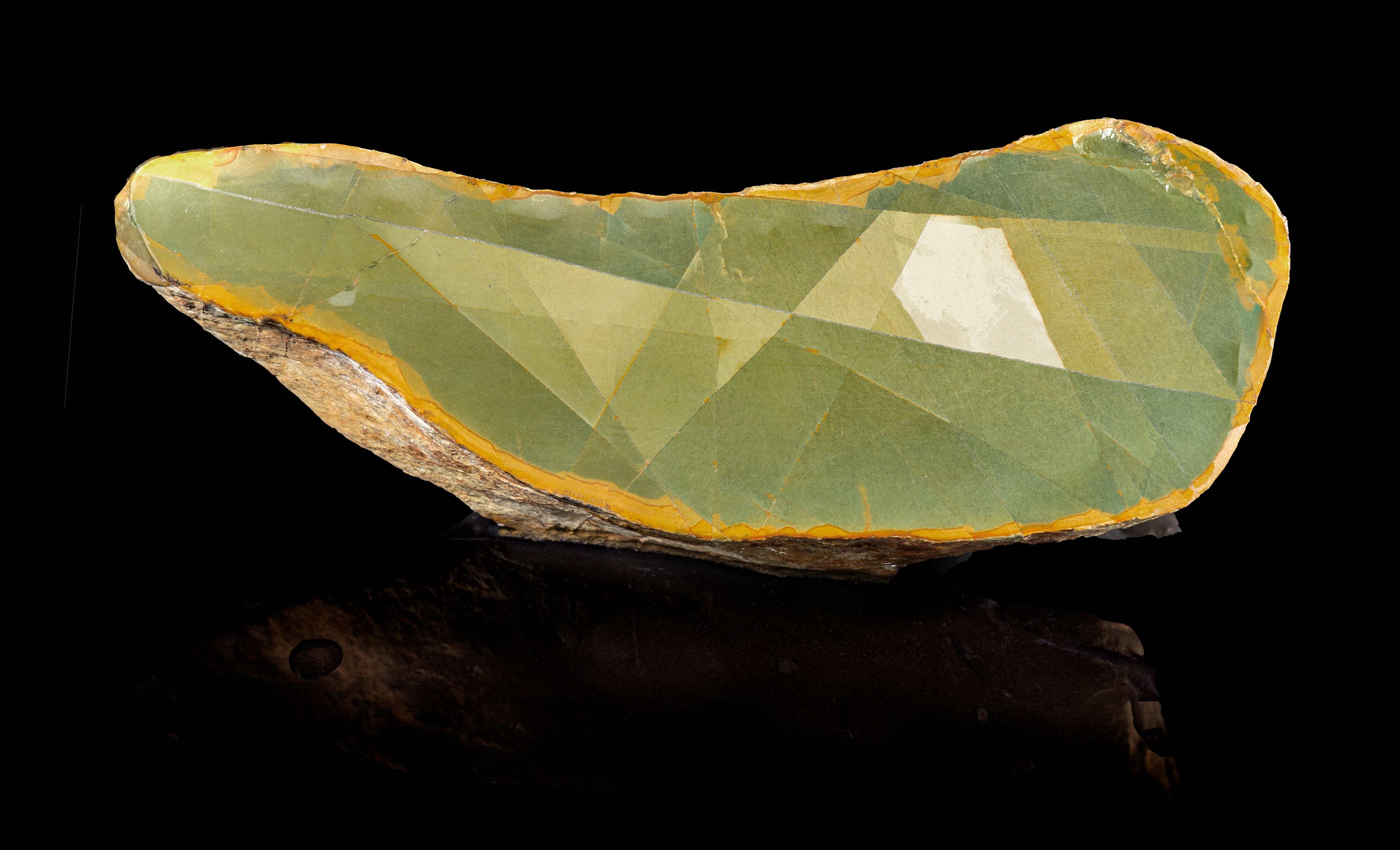 “Naissance du pentagone” (Birth of the Pentagon), verde d'Arno limestone. Paris, Muséum national d'histoire naturelle, mineral and gem collection. Photograph by François Farges.