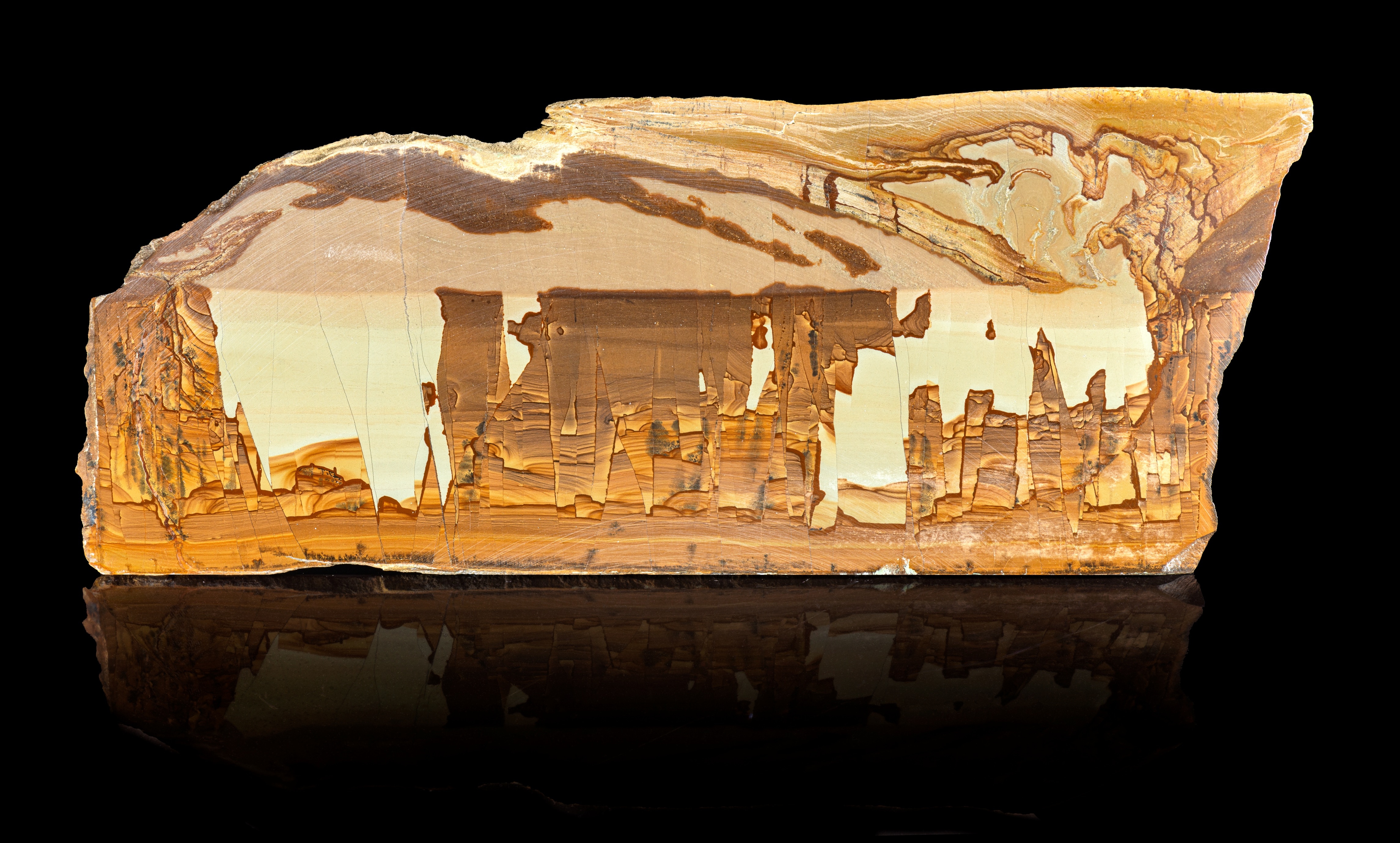 Limestone “ruin marble” (pietra paesina). Paris, Muséum national d'histoire naturelle, mineral and gem collection. Photograph by François Farges.