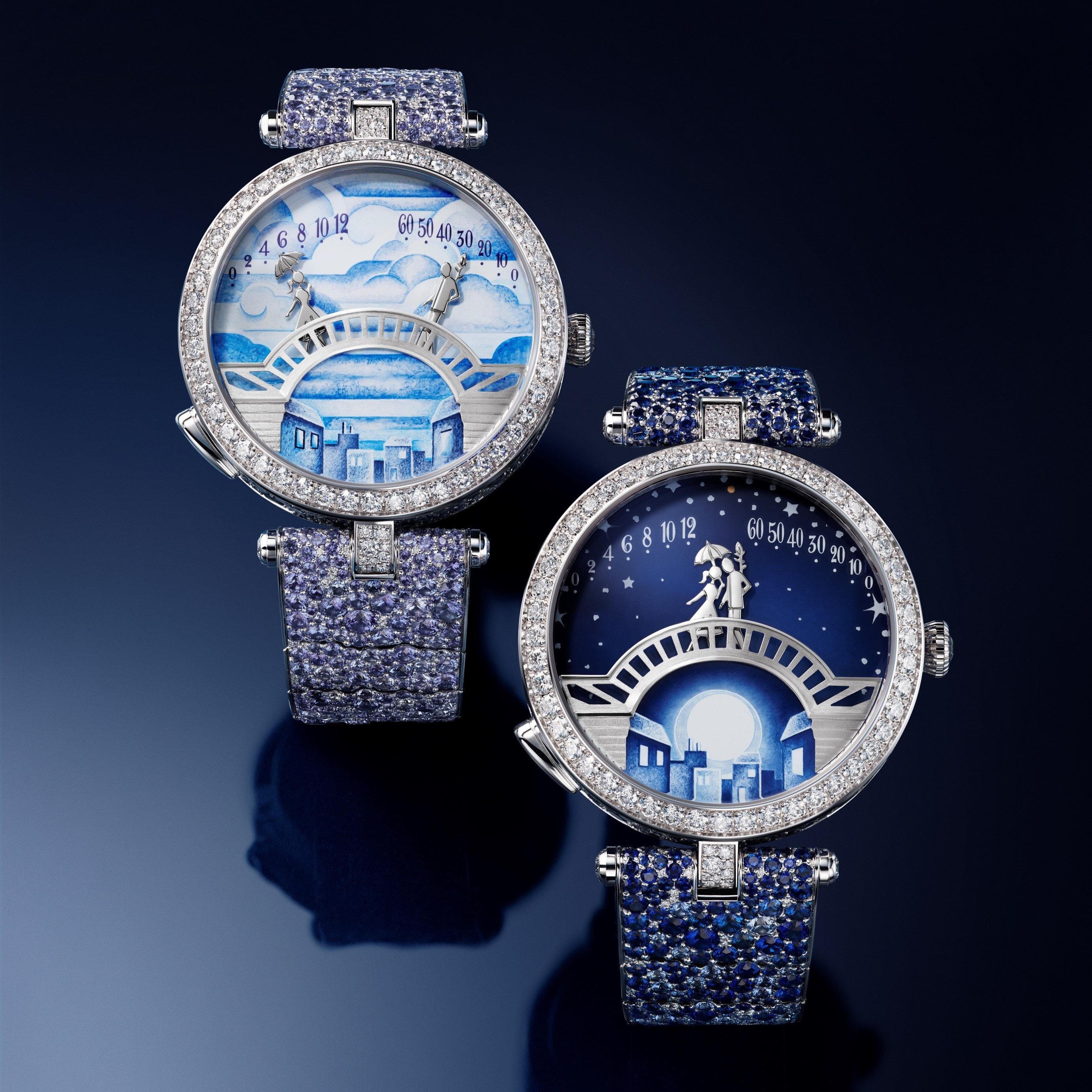 Lady Arpels Pont des Amoureux Matinée腕表和Lady Arpels Pont des Amoureux Clair de Lune腕表。镀铑白K金,钻石,蓝宝石,珐琅。自动上链机械机芯,双逆跳机械装置,按掣动画模块。Poetic Complications®诗意复杂功能腕表系列,Van Cleef & Arpels梵克雅宝。