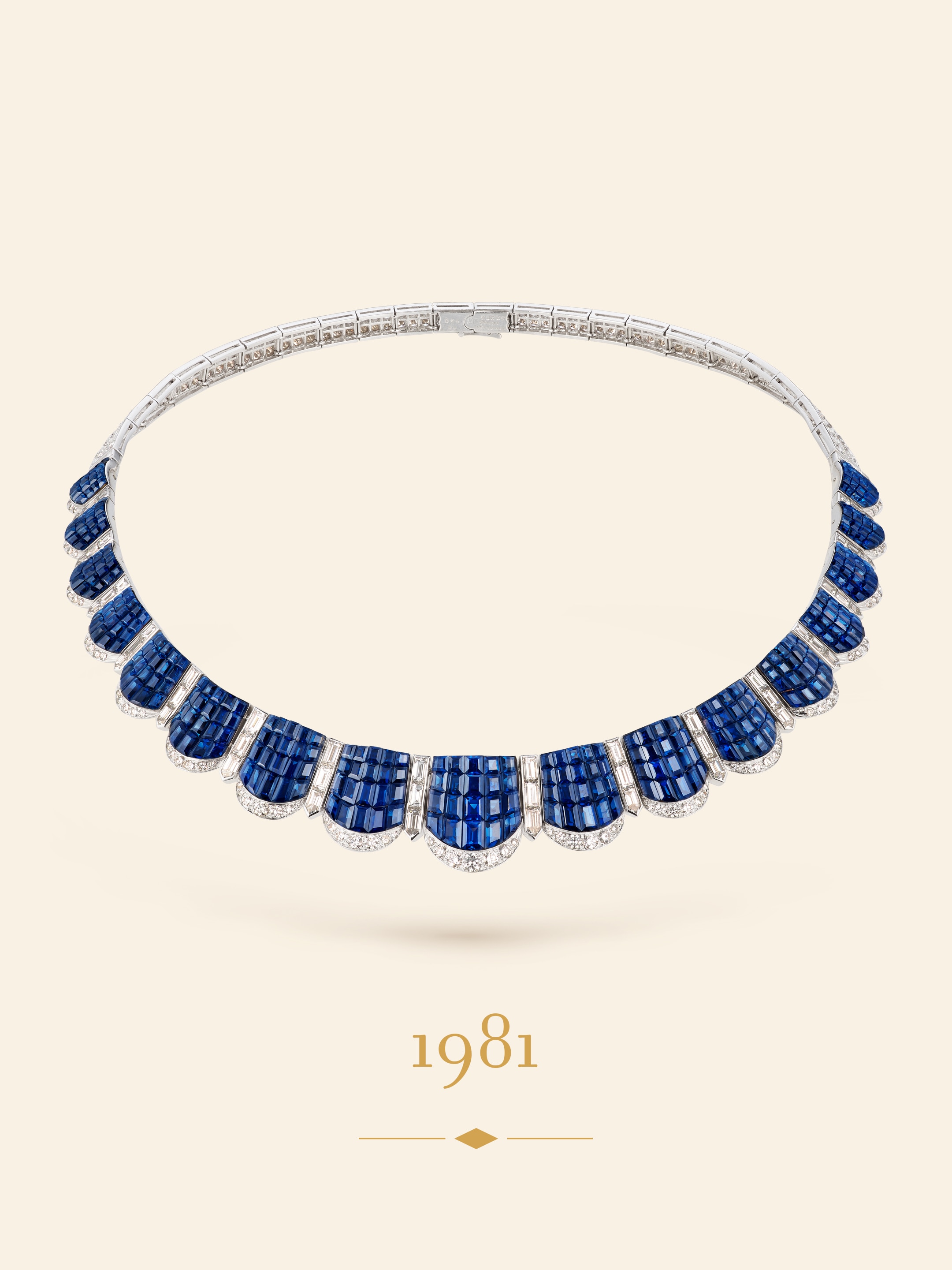Everest necklace, 1981. Platinum, yellow gold, Mystery Set sapphires, diamonds. Van Cleef & Arpels Collection.