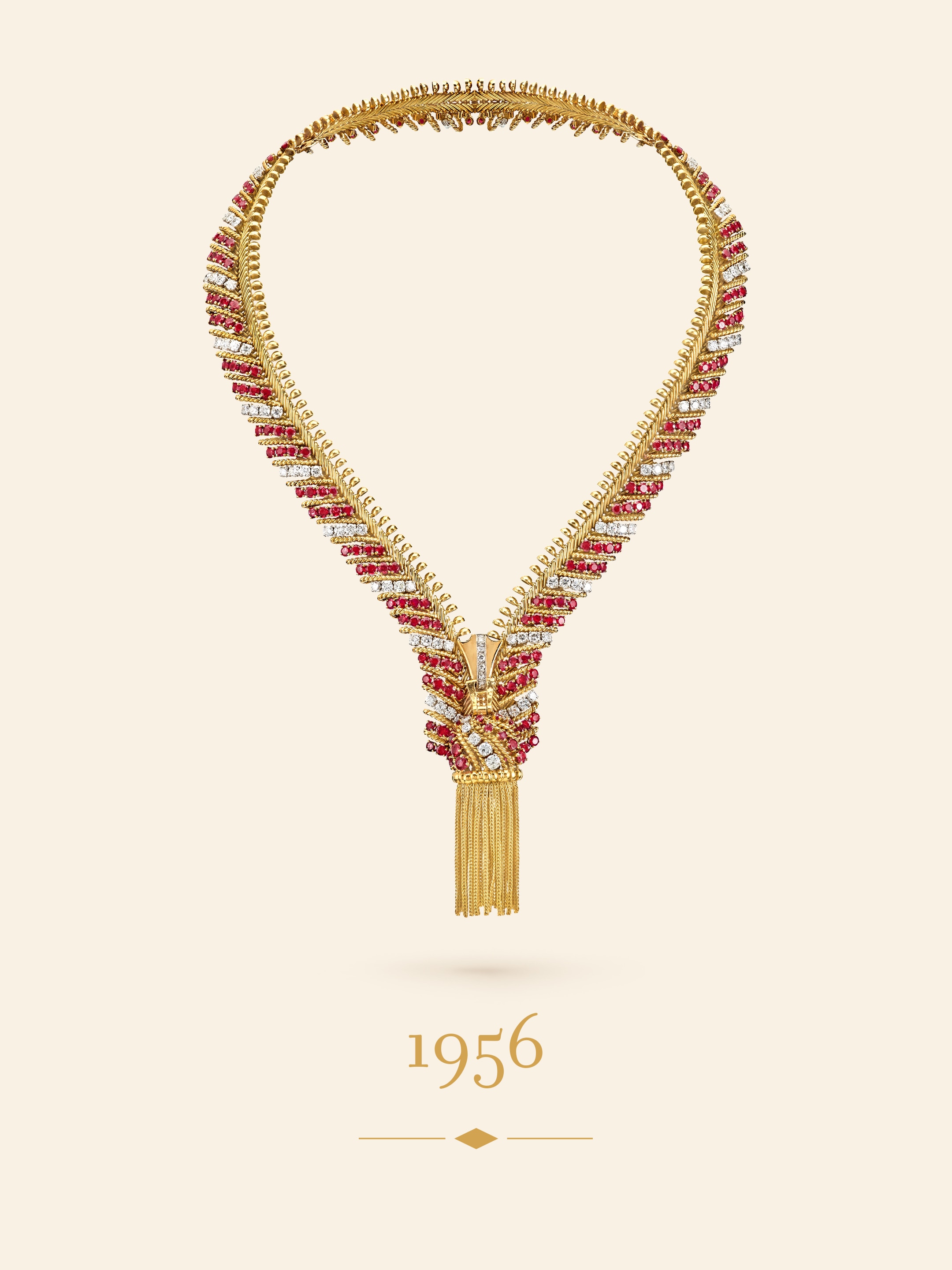 Picardie Zip necklace, 1956. Transformable into a bracelet. Yellow gold, platinum, rubies, diamonds. Van Cleef & Arpels Collection.