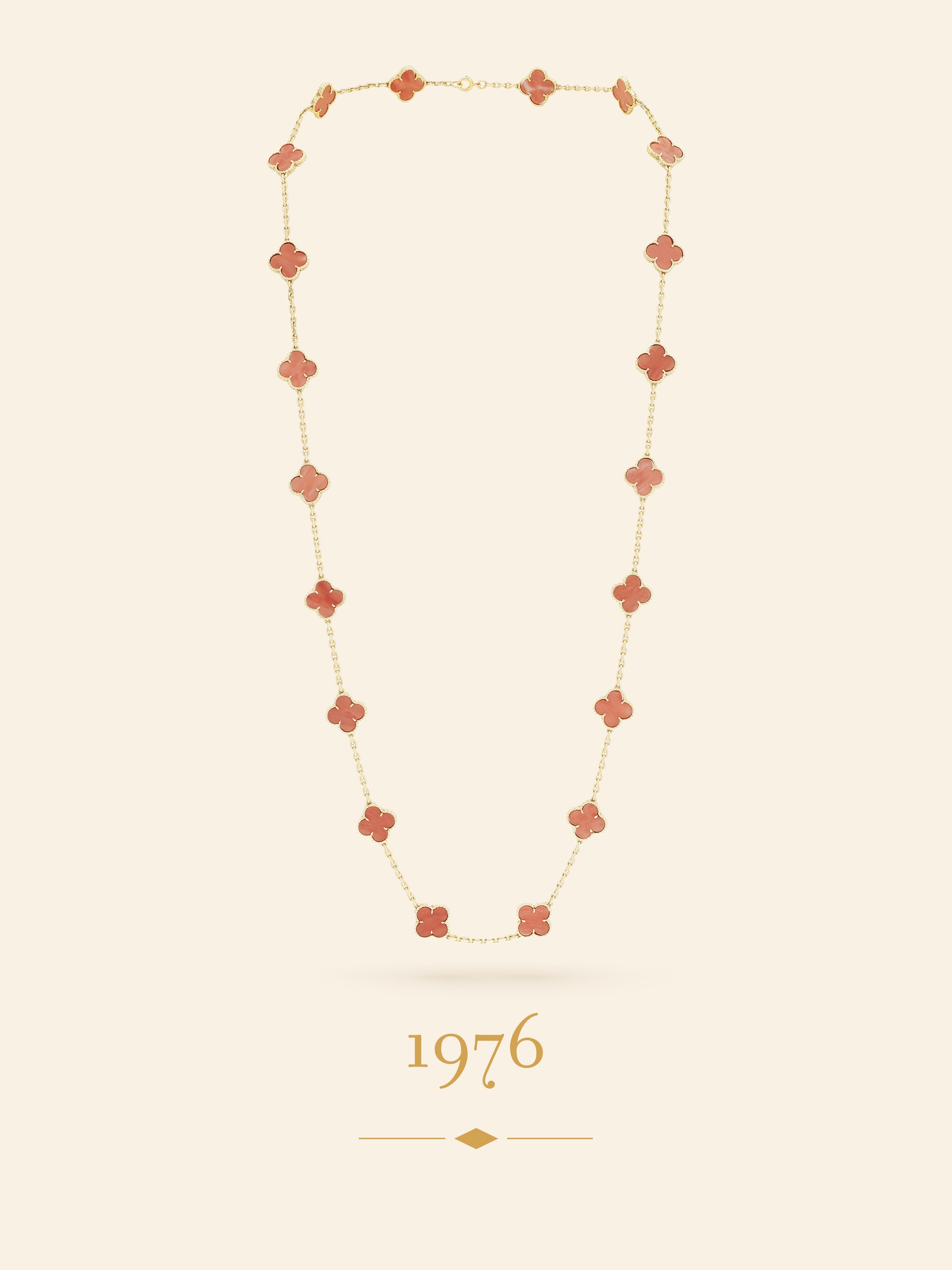 Alhambra long necklace, 1976. Yellow gold, coral. Van Cleef & Arpels Collection.