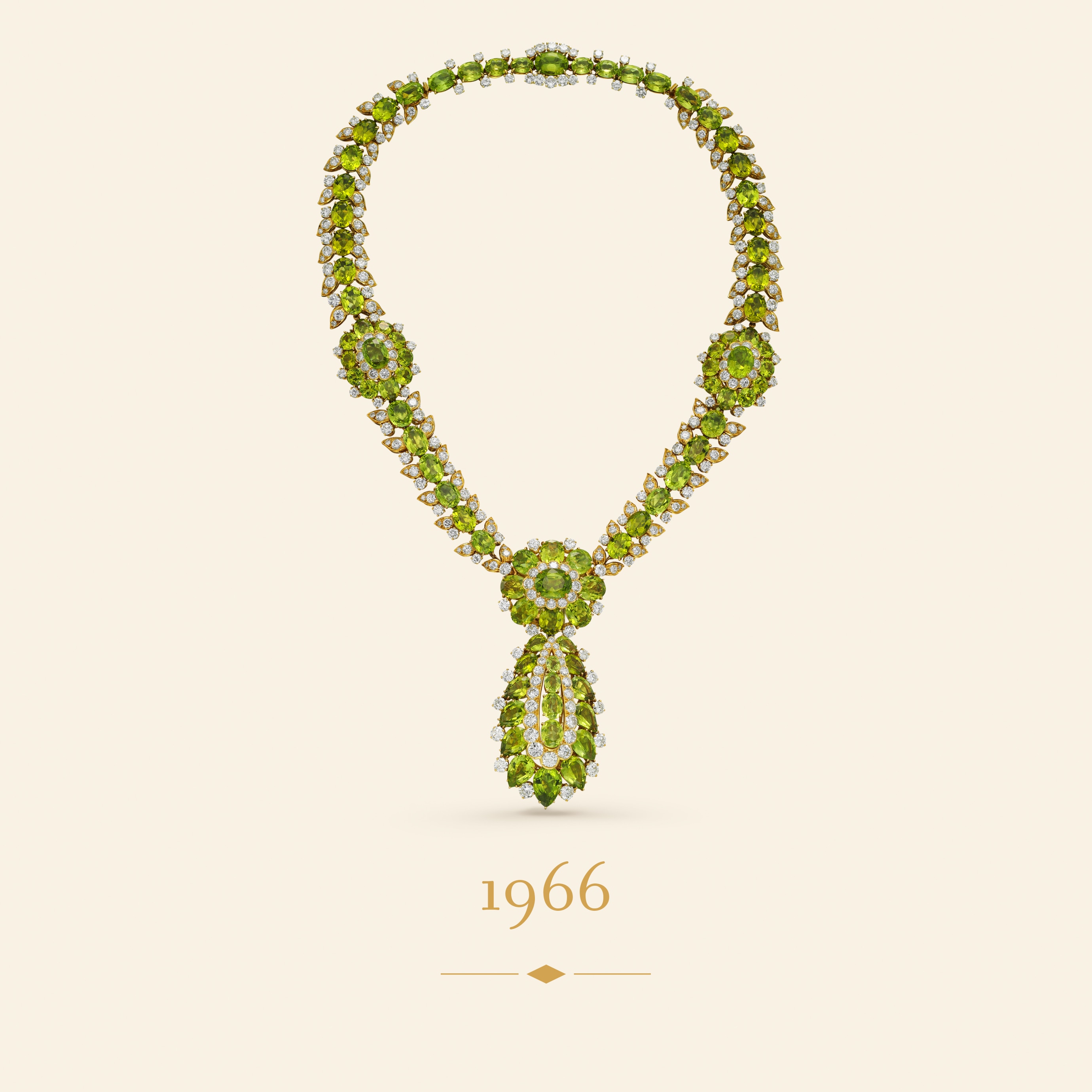 Necklace, 1966. Yellow gold, white gold, rose gold, peridots, diamonds. Van Cleef & Arpels Collection.