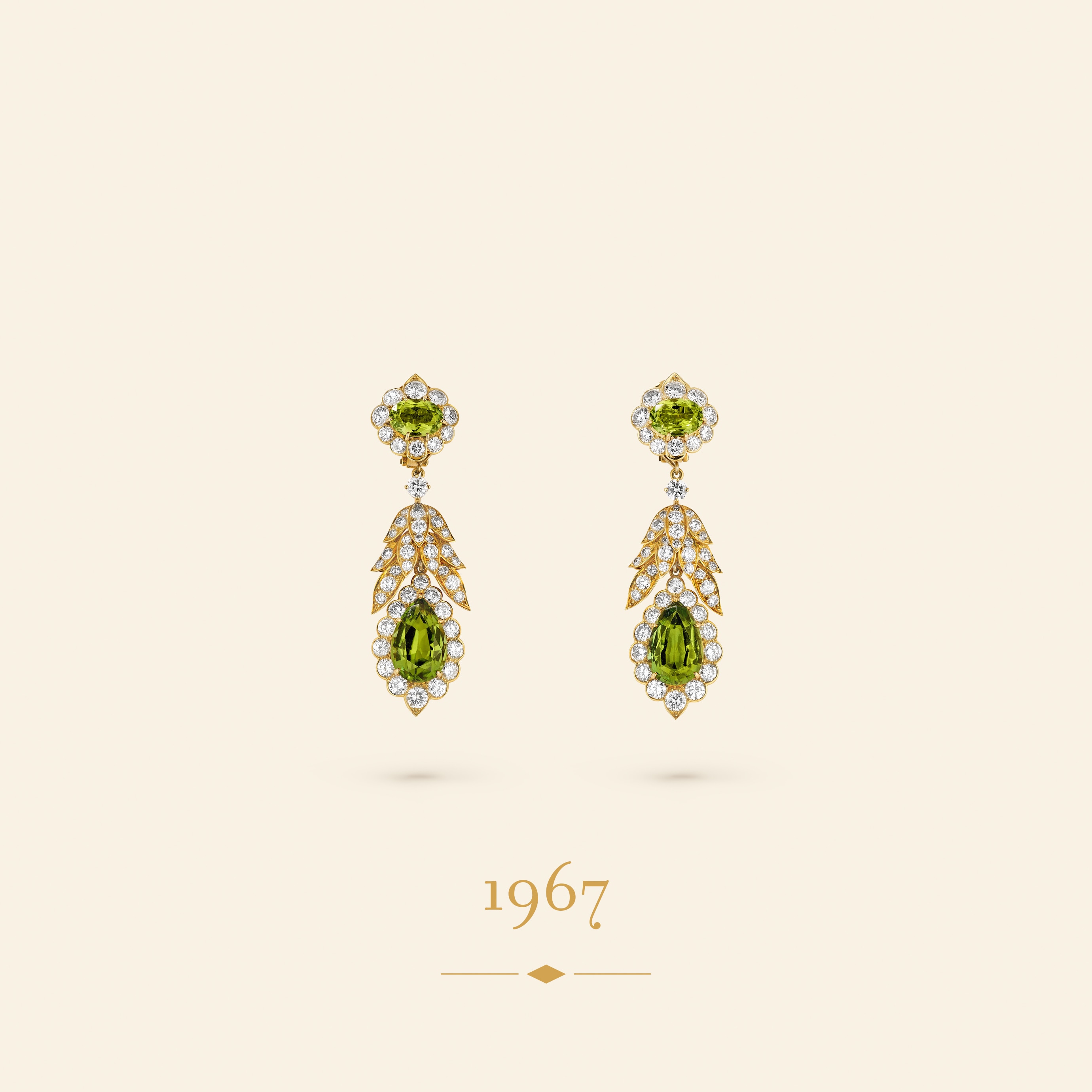 Earrings, 1967. Yellow gold, white gold, rose gold, peridots, diamonds. Van Cleef & Arpels Collection.