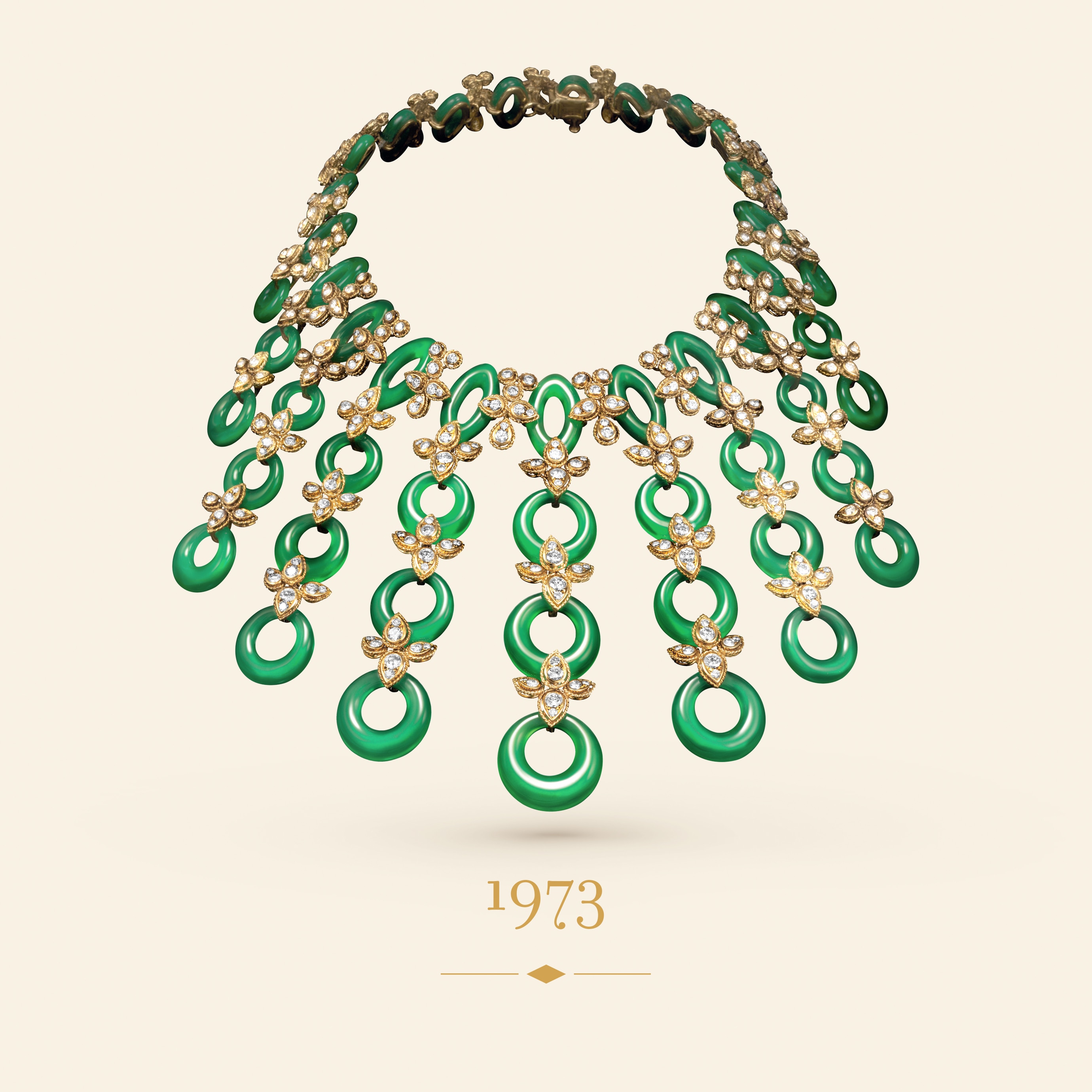 Necklace, 1973. Yellow gold, green agate, diamonds. Van Cleef & Arpels Collection.