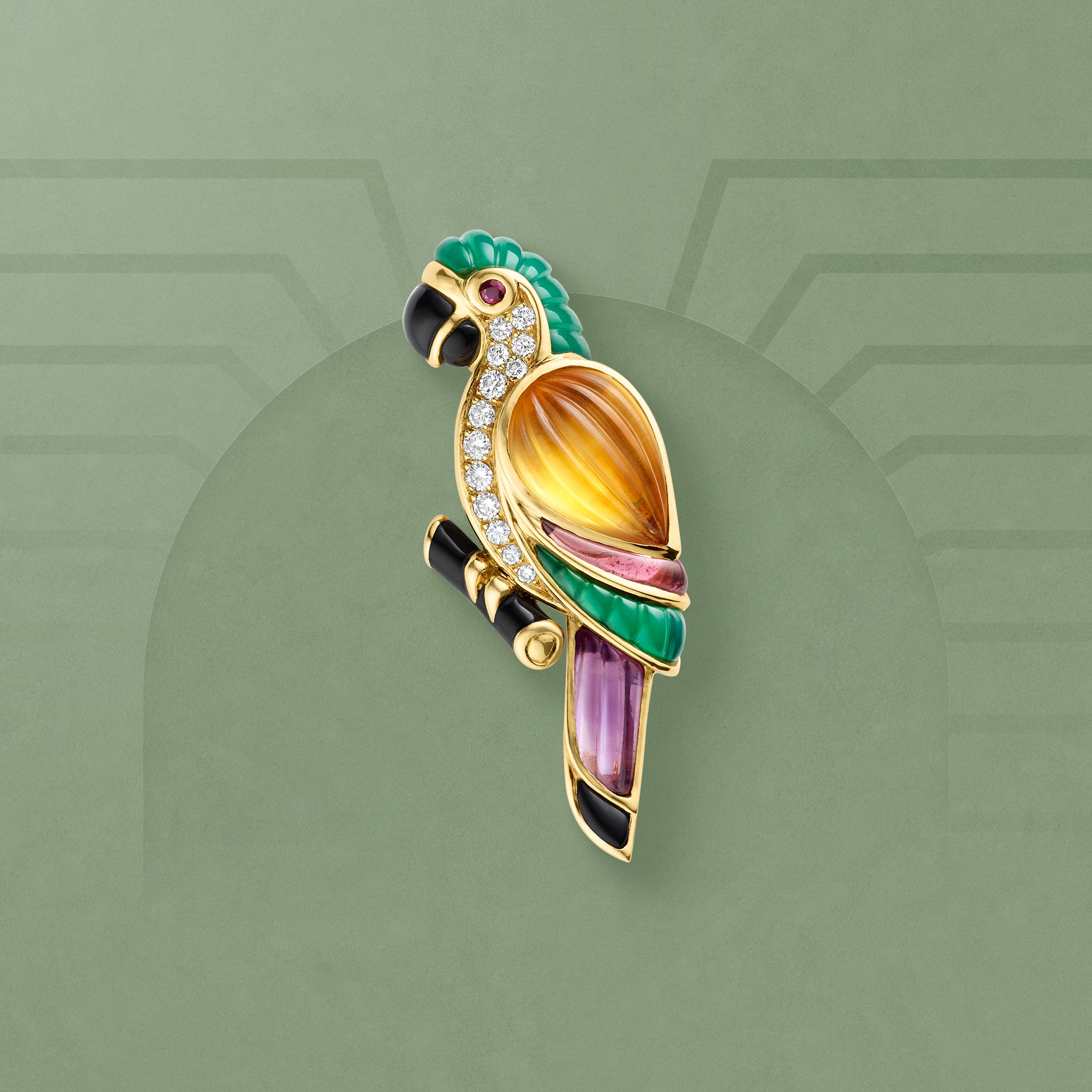 Lori clip, 1992. Yellow gold, white gold, ruby, amethyst, citrine, tourmaline, green agate, onyx, diamonds. Van Cleef & Arpels Collection.