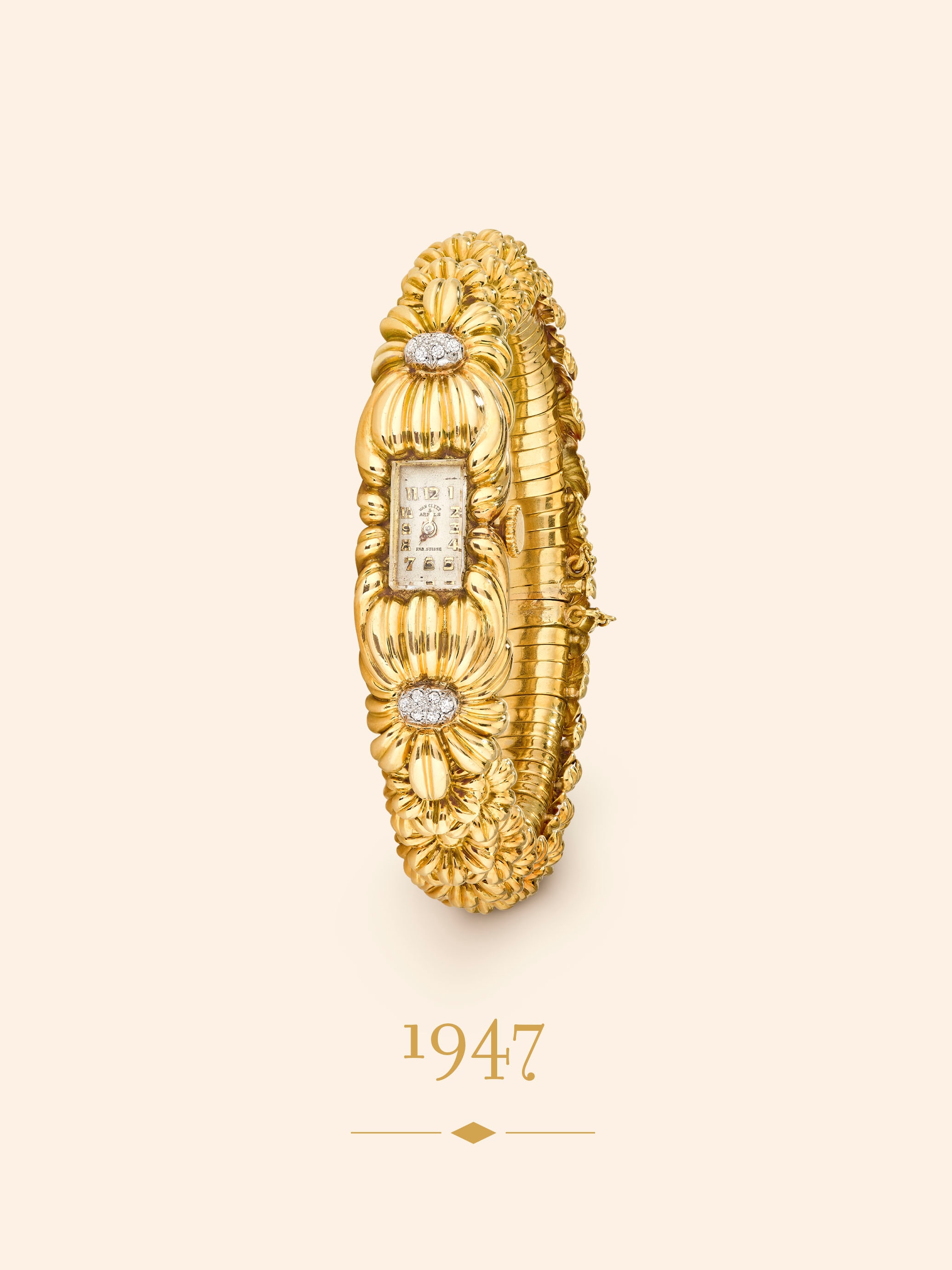 Daisy wristwatch, 1947. Yellow gold, platinum,  diamonds. Van Cleef & Arpels Collection.
