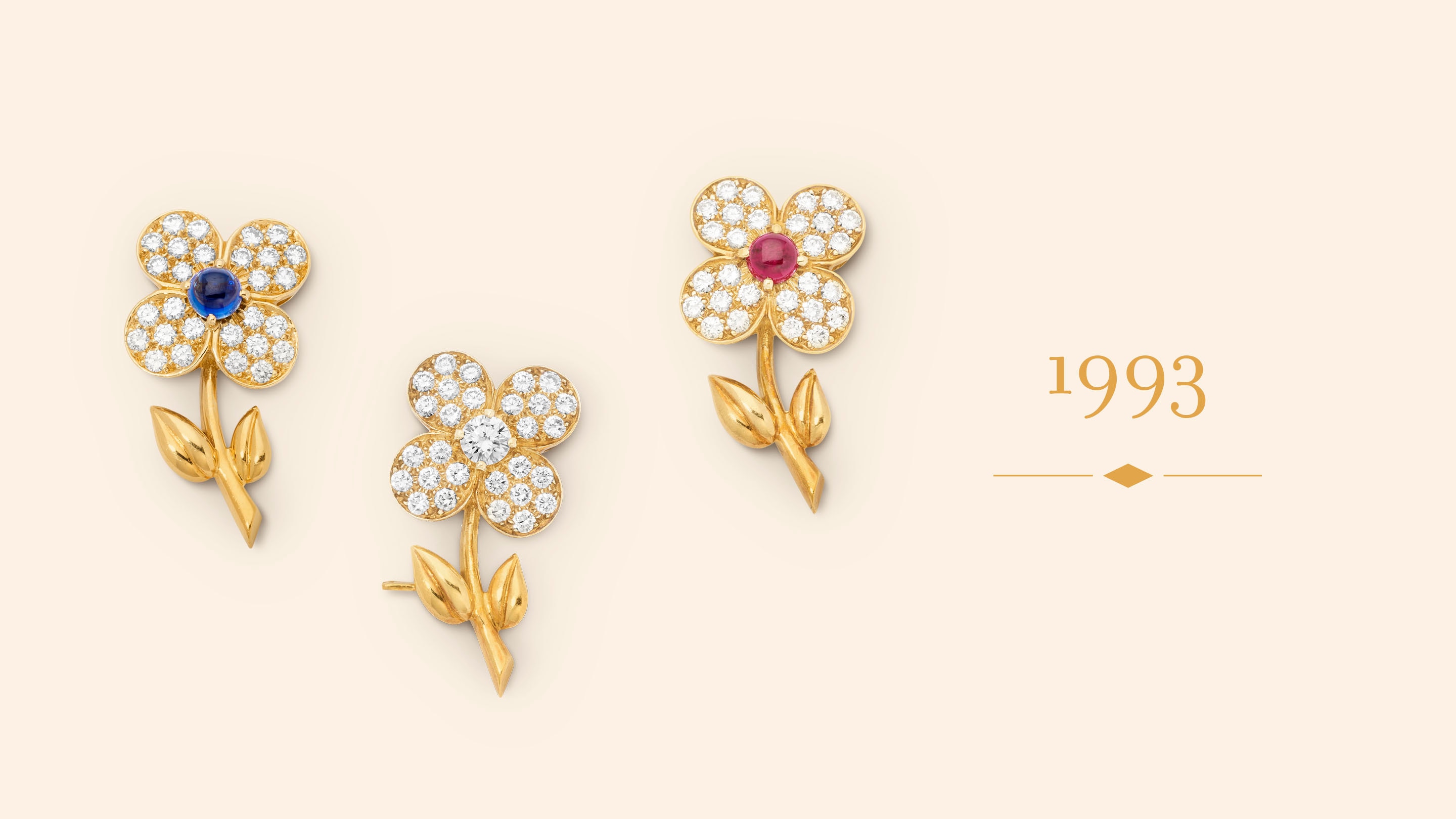 Nymph clips, 1993. Yellow gold, ruby, sapphire, diamonds. Van Cleef & Arpels Collection.