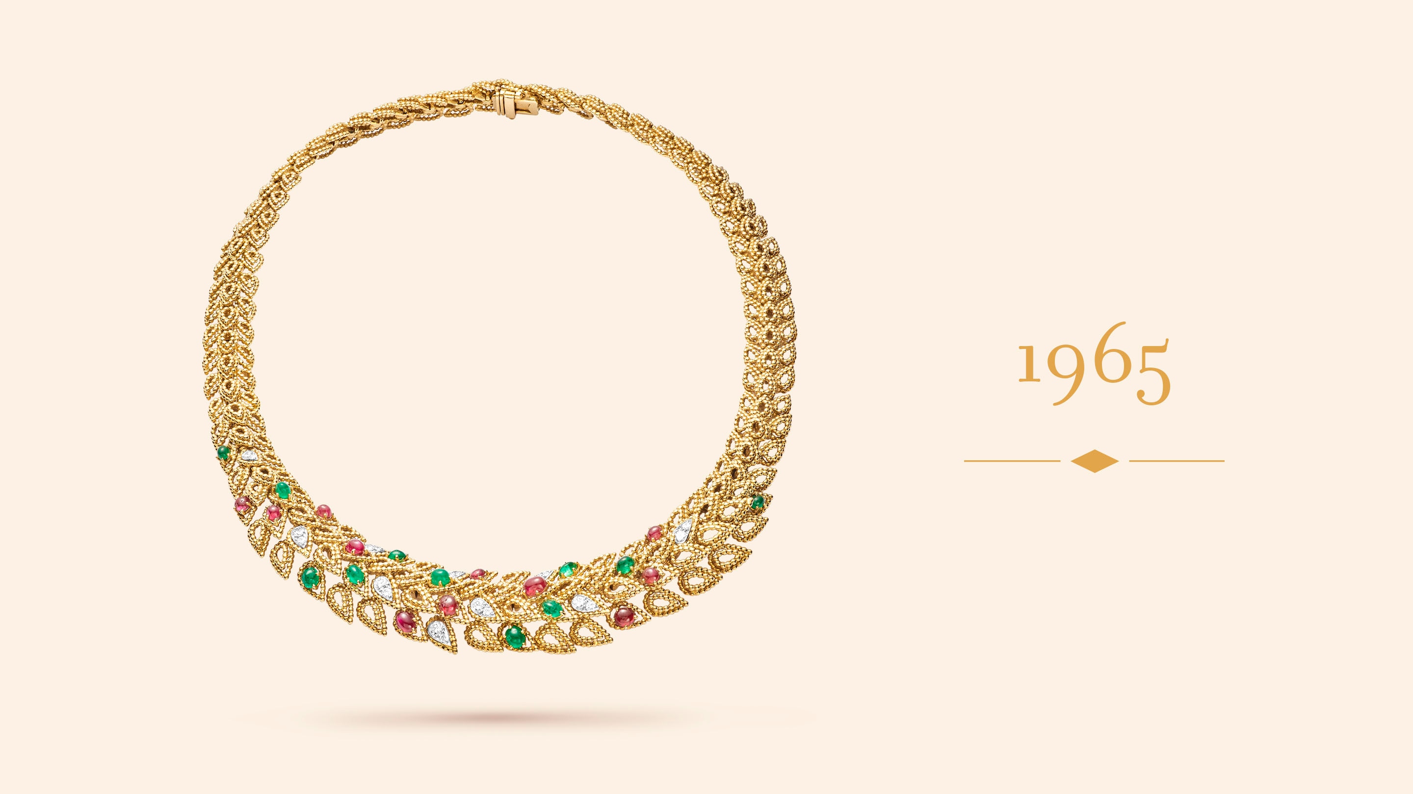 Leaf necklace, 1965. Yellow gold, platinum, emeralds, rubies, diamonds. Van Cleef & Arpels Collection.