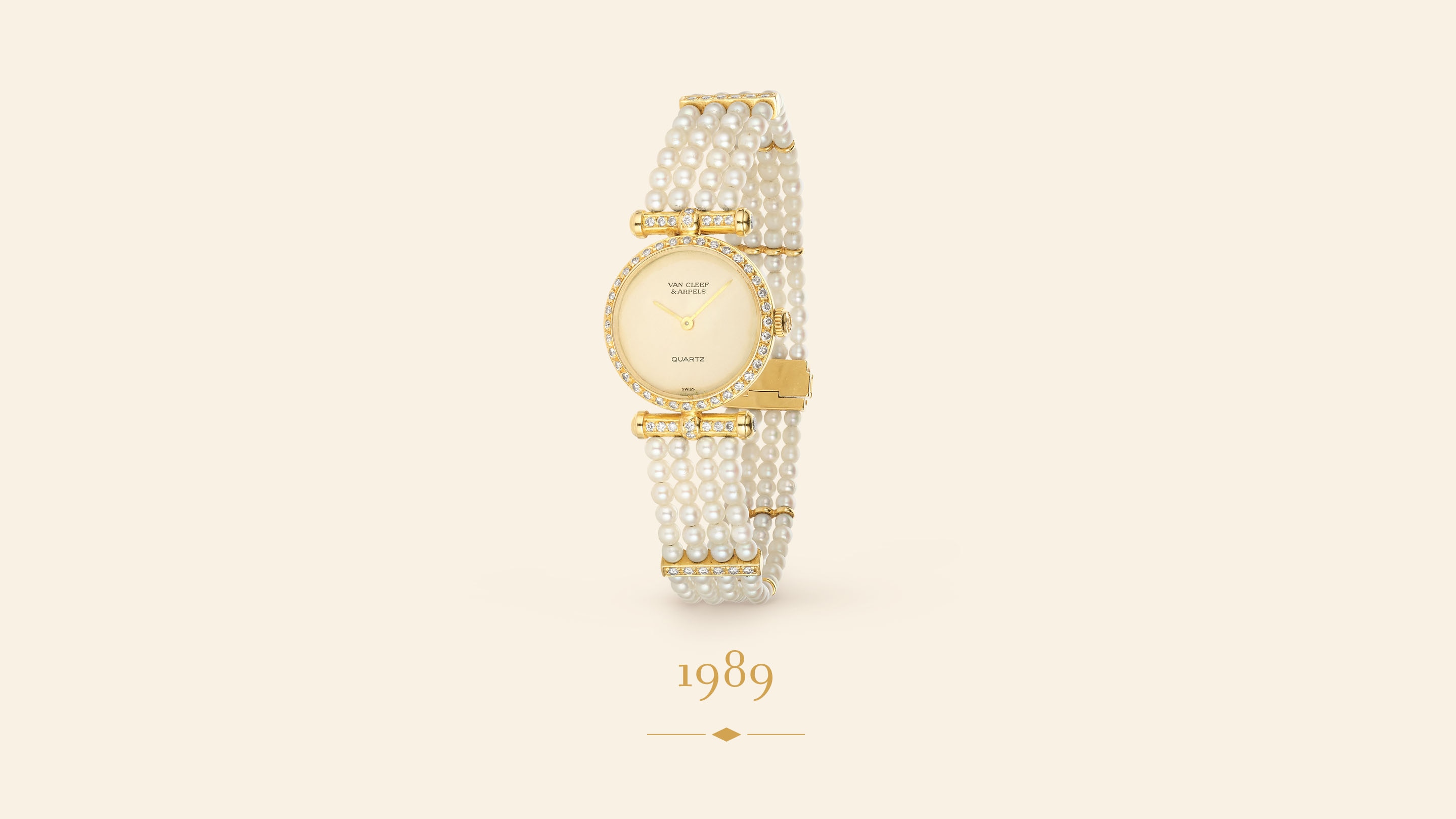 Reloj de pulsera, 1989. Oro amarillo, perlas cultivadas, diamantes. Colección Van Cleef & Arpels.