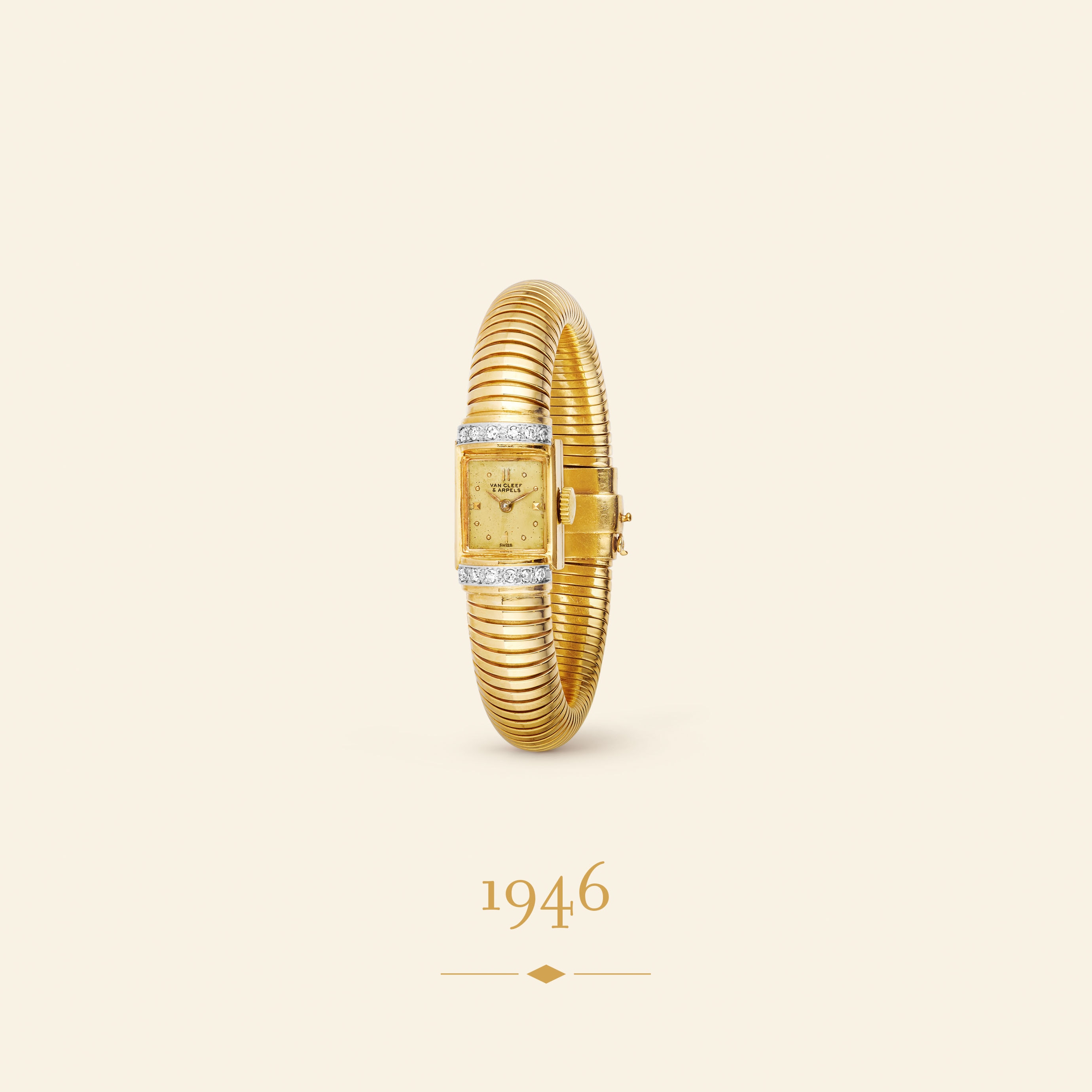 Reloj de pulsera, 1946. Oro amarillo, oro blanco, diamantes. Colección Van Cleef & Arpels.