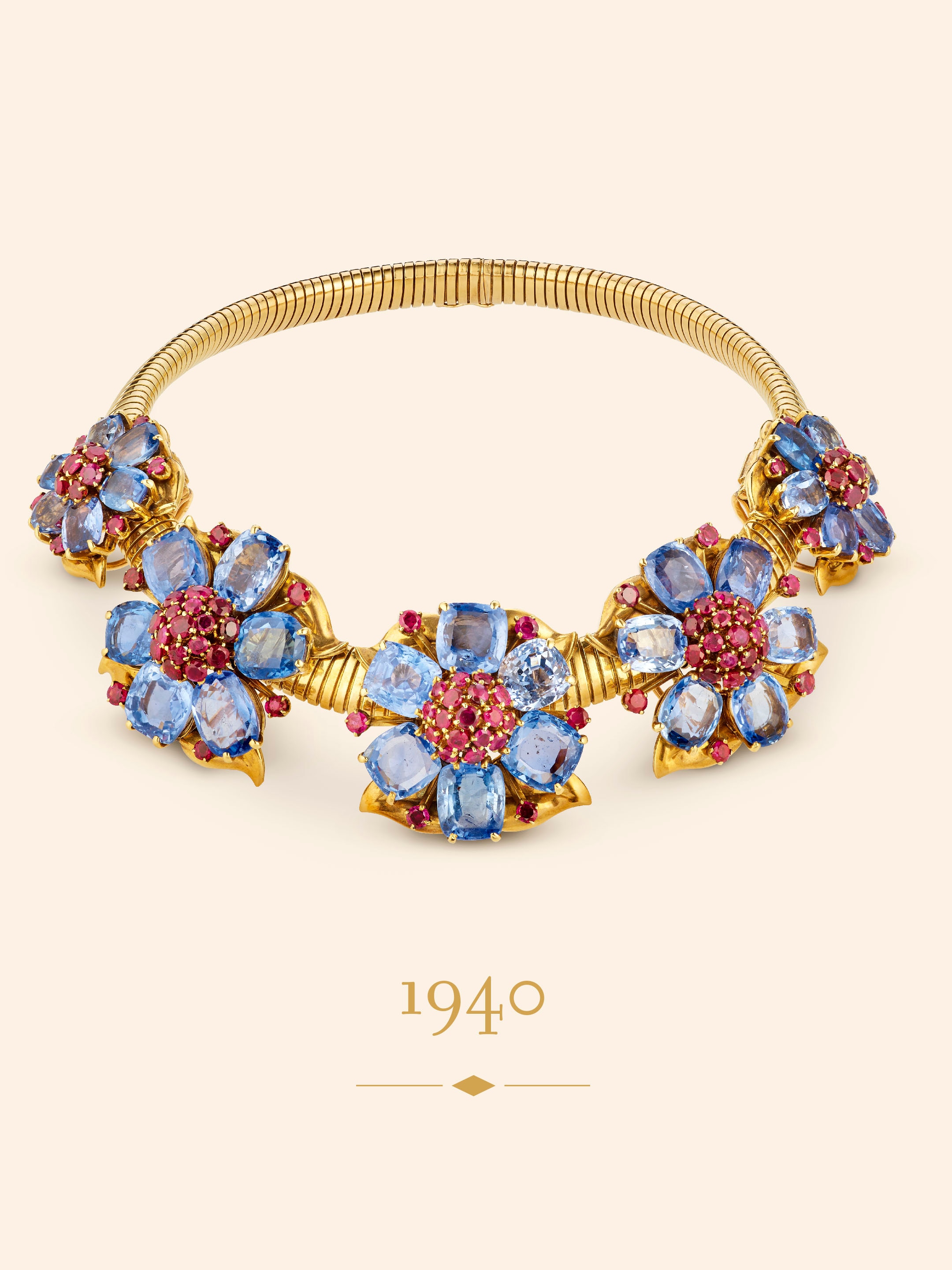 Necklace, 1940. Detachable clips. Yellow gold, rubies, sapphires. Van Cleef & Arpels Collection.