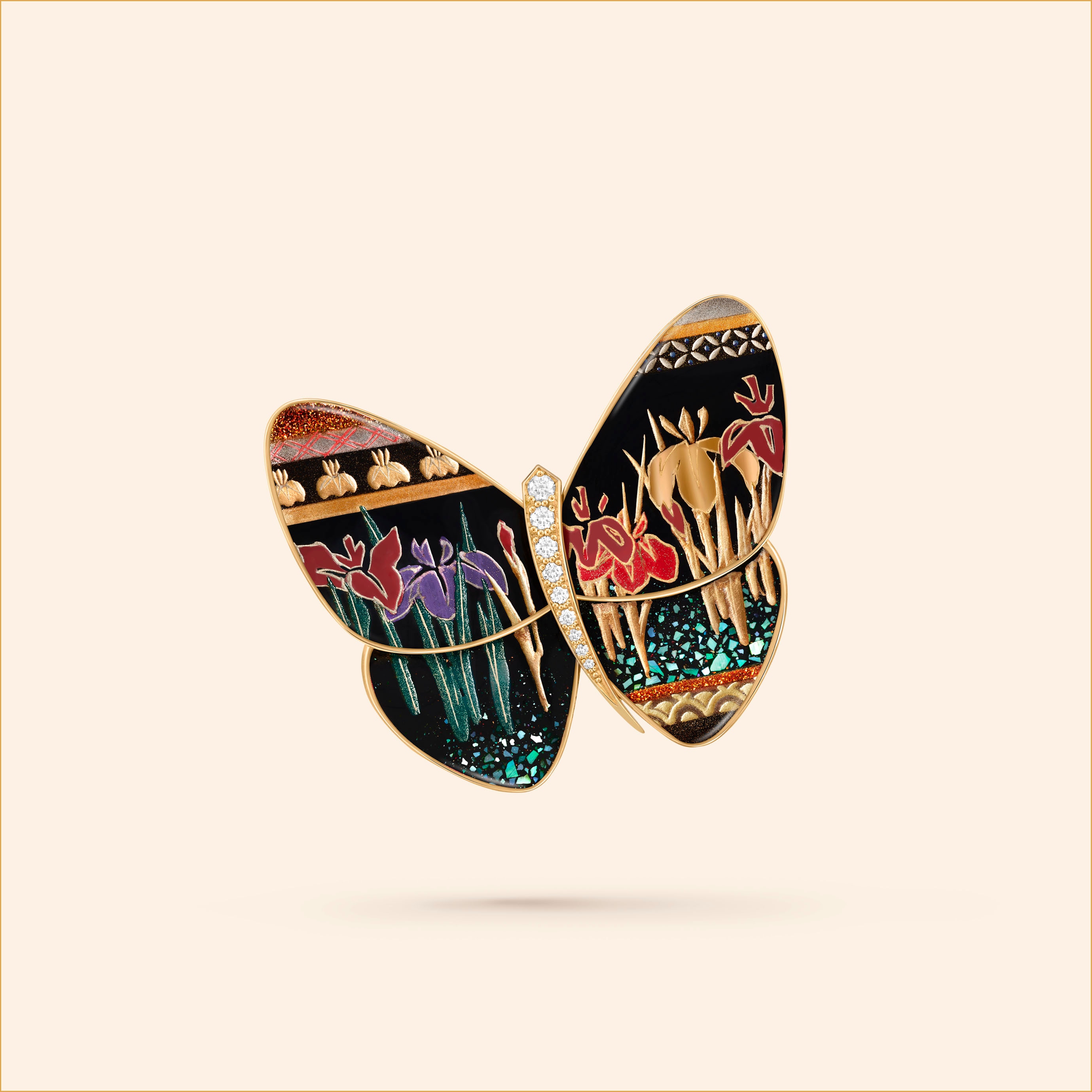 Lacquered Butterfly Hanashobu brooch, 2023  Yellow gold, white gold, mother-of-pearl, lacquer, diamonds  Van Cleef & Arpels Collection