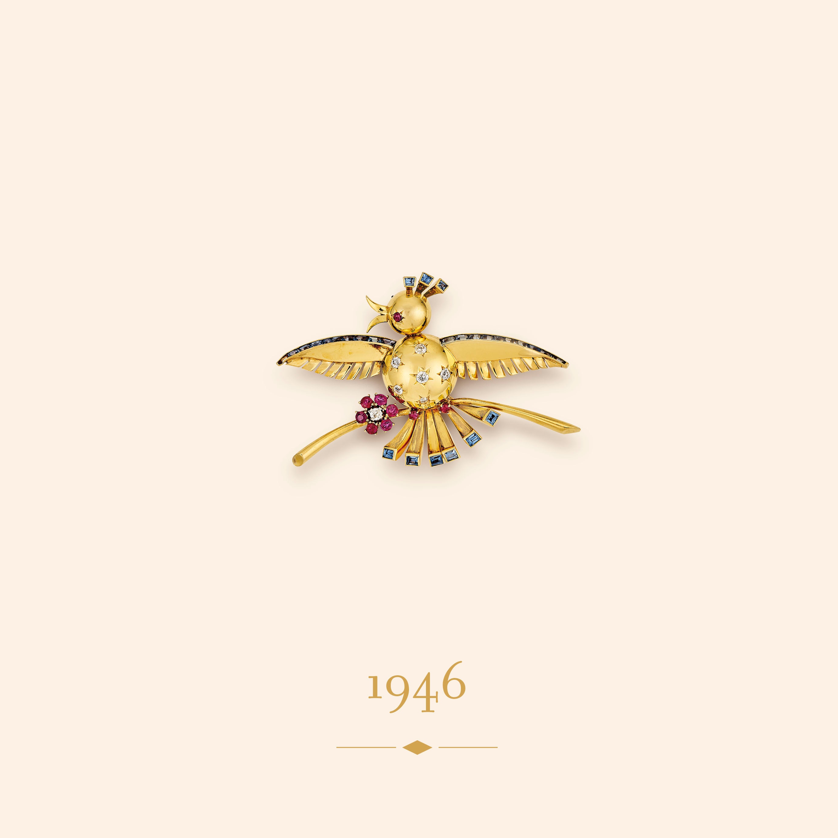 Clip Oiseau, 1946. Gelbgold, Weißgold, Rubine, Saphire, Diamanten. Sammlung Van Cleef & Arpels.