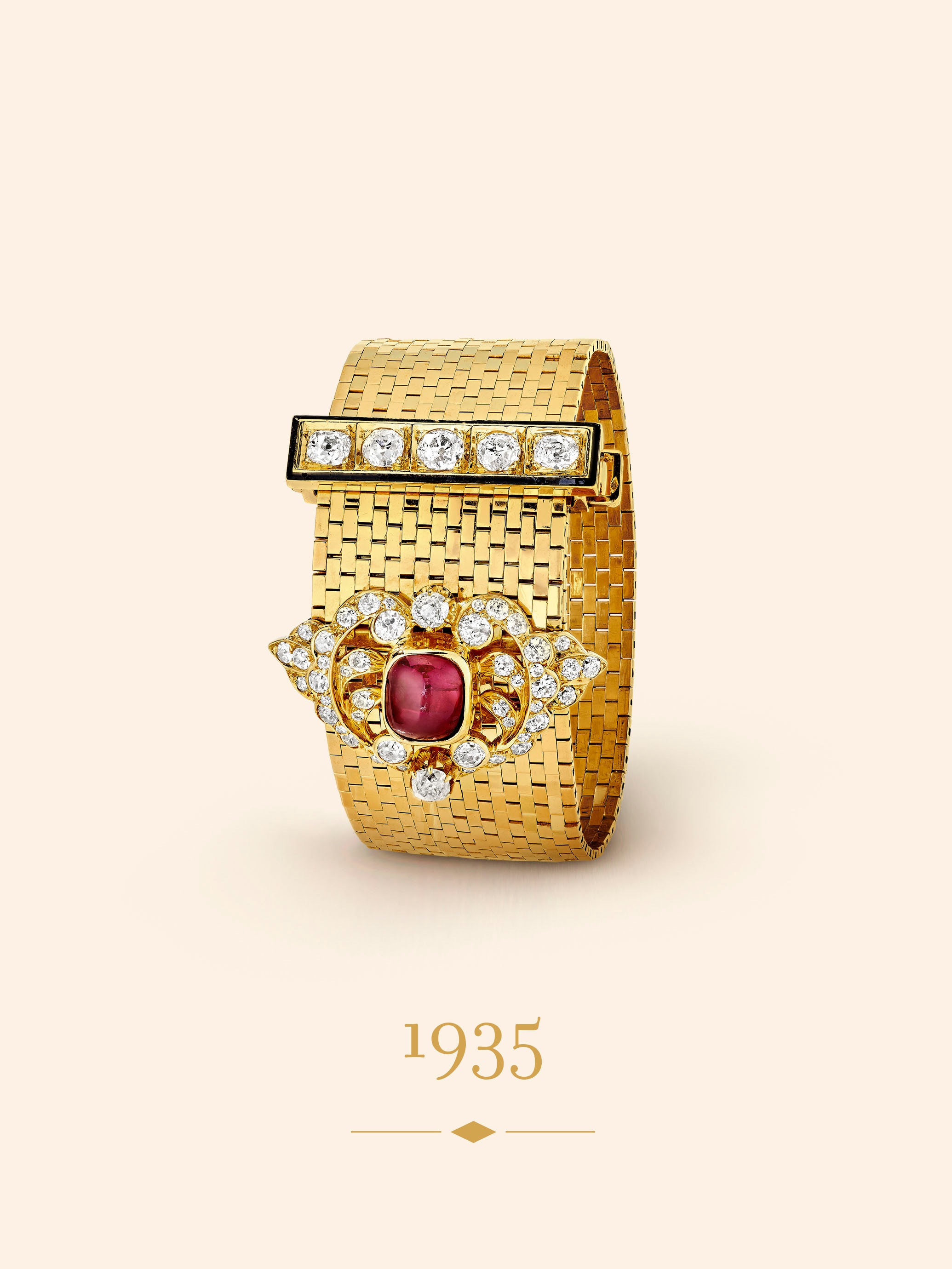 Ludo bracelet, 1935. Yellow gold, rubies, enamel, diamonds. Van Cleef & Arpels Collection.