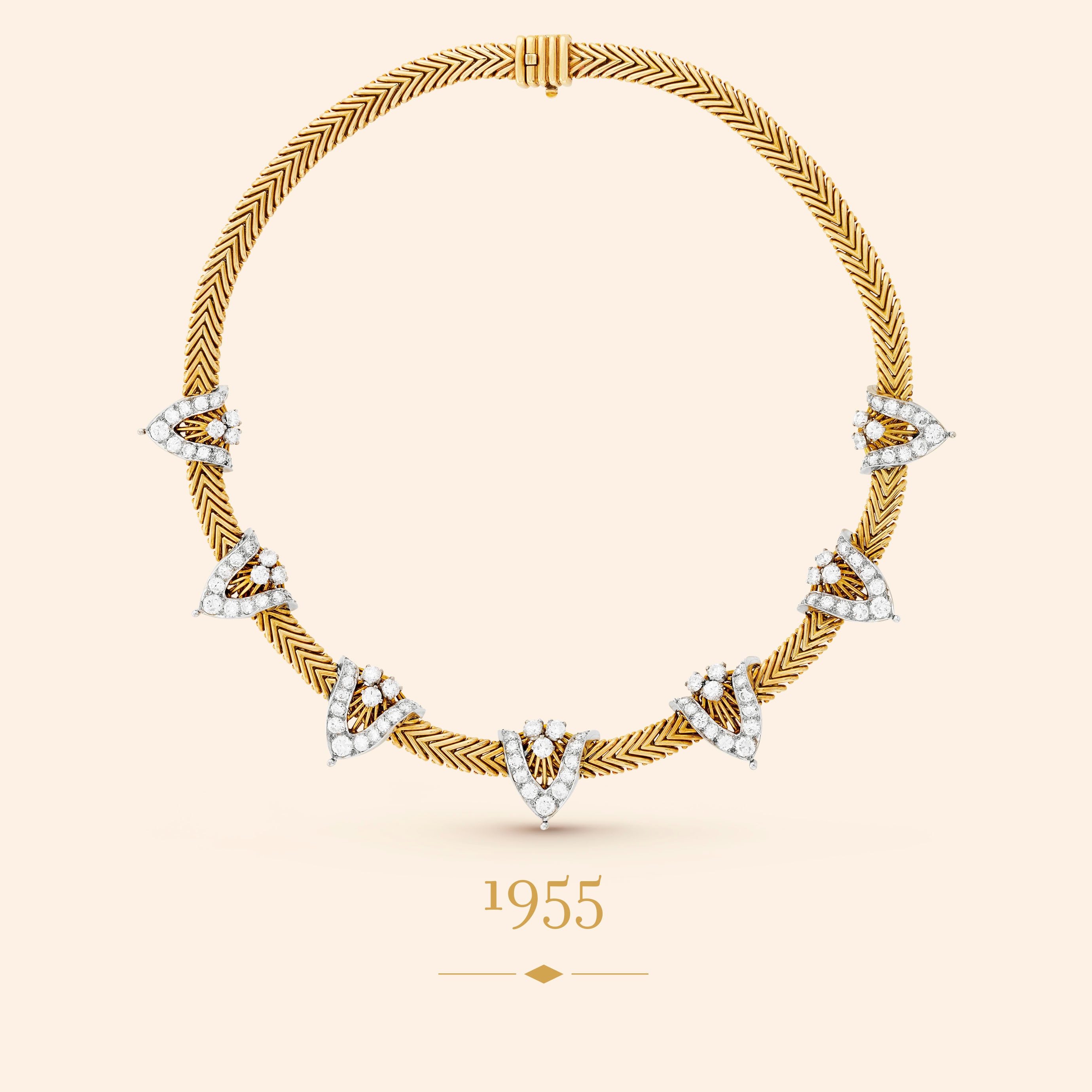 Chaîne V necklace, 1955. Yellow gold, platinum, rose gold, diamonds. Van Cleef & Arpels Collection.