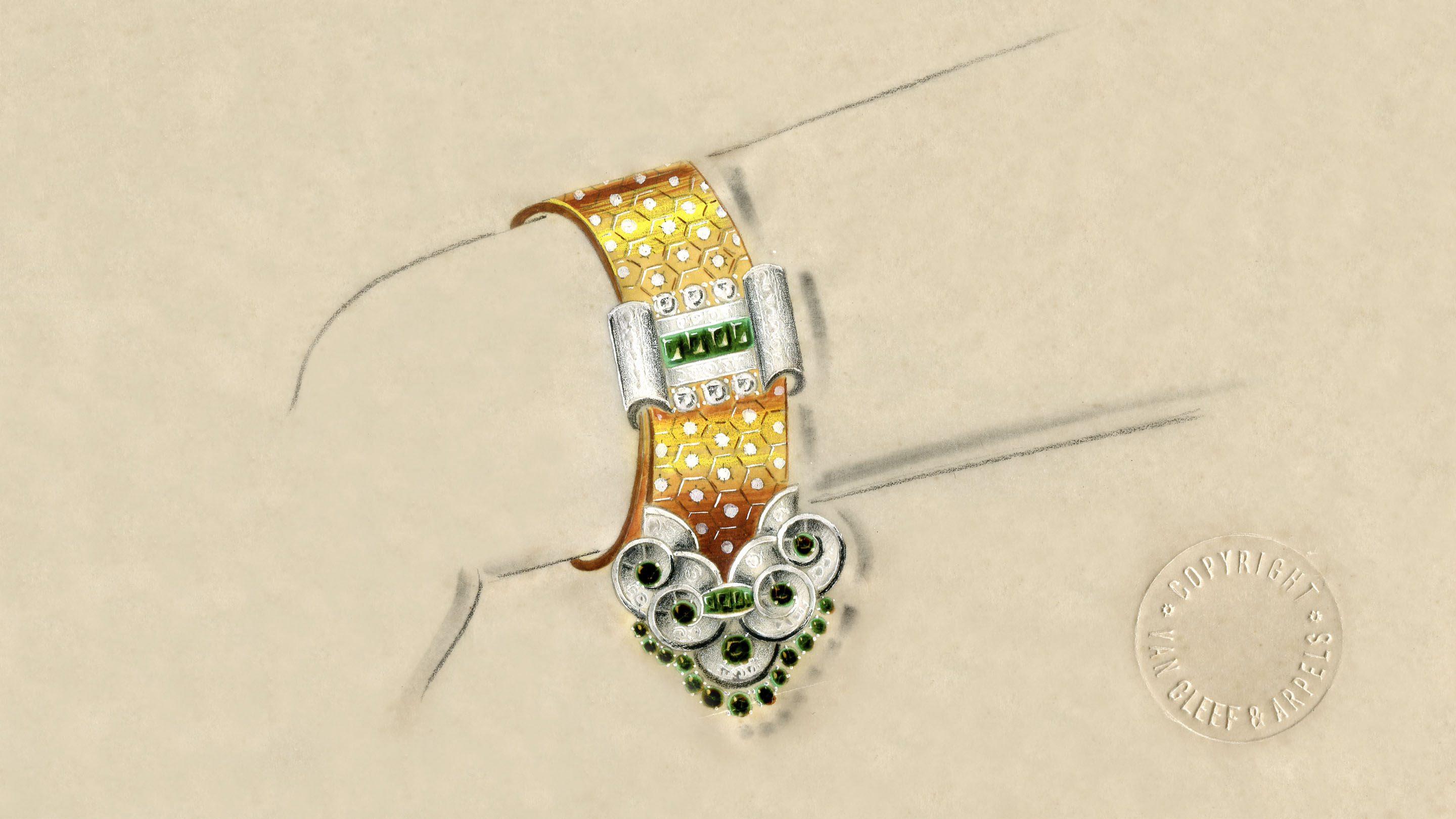 Drawing of a Ludo bracelet, circa 1935. Van Cleef & Arpels Archives.