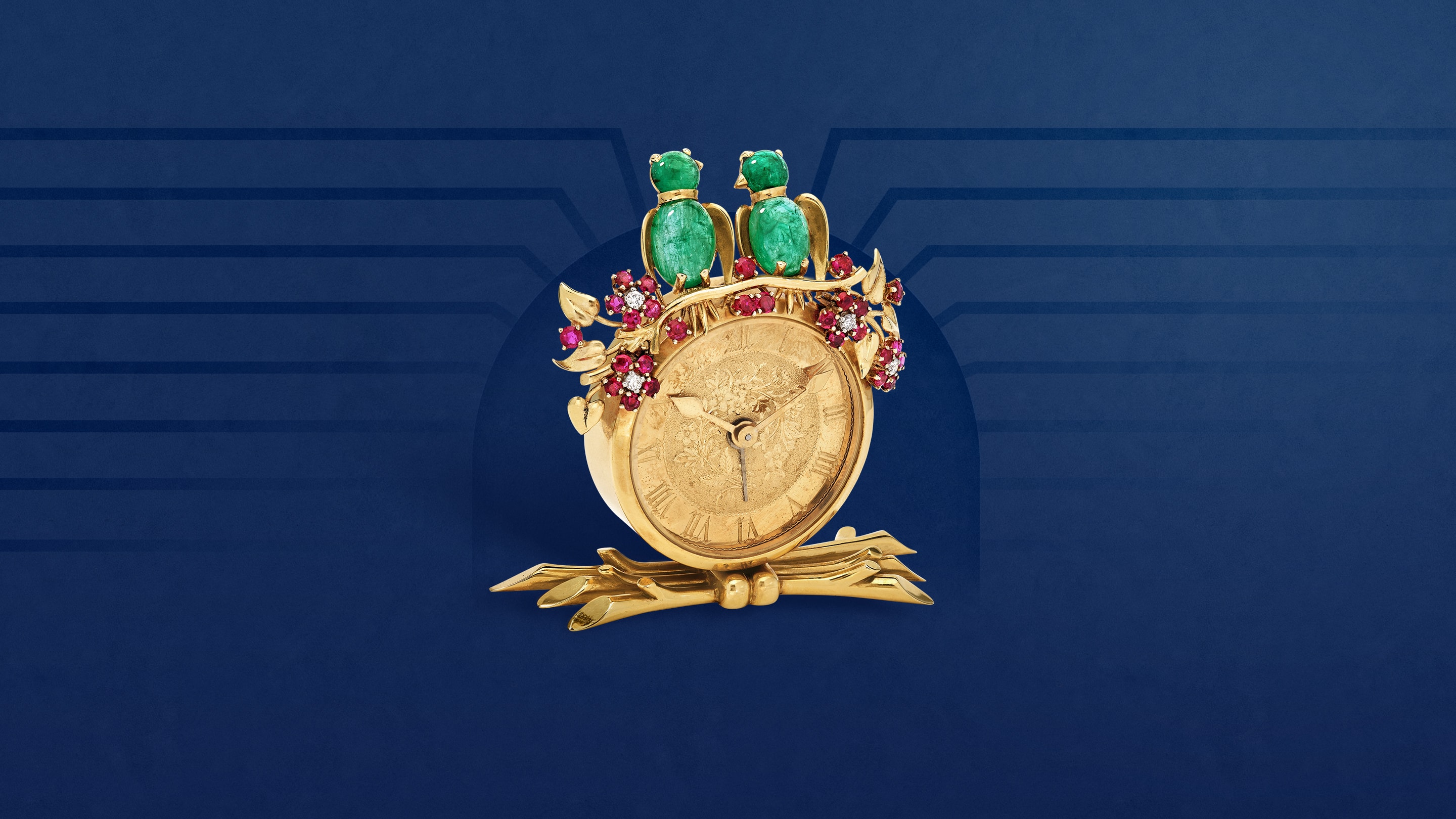 Birds table clock, 1949. Yellow gold, platinum, emeralds, rubies, diamonds. Van Cleef & Arpels Collection.
