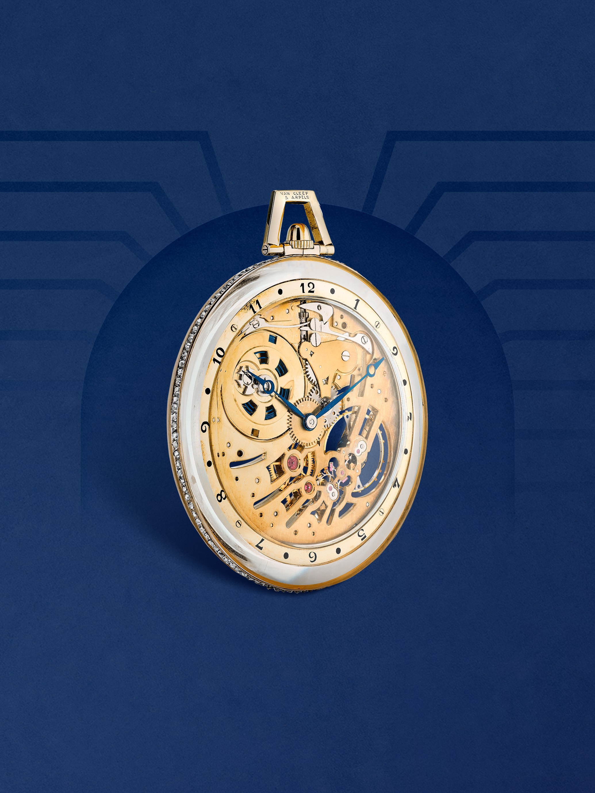 Skeleton pocket watch, 1925. Yellow gold, white gold, rubies, rock crystal, diamonds. Van Cleef & Arpels Collection.