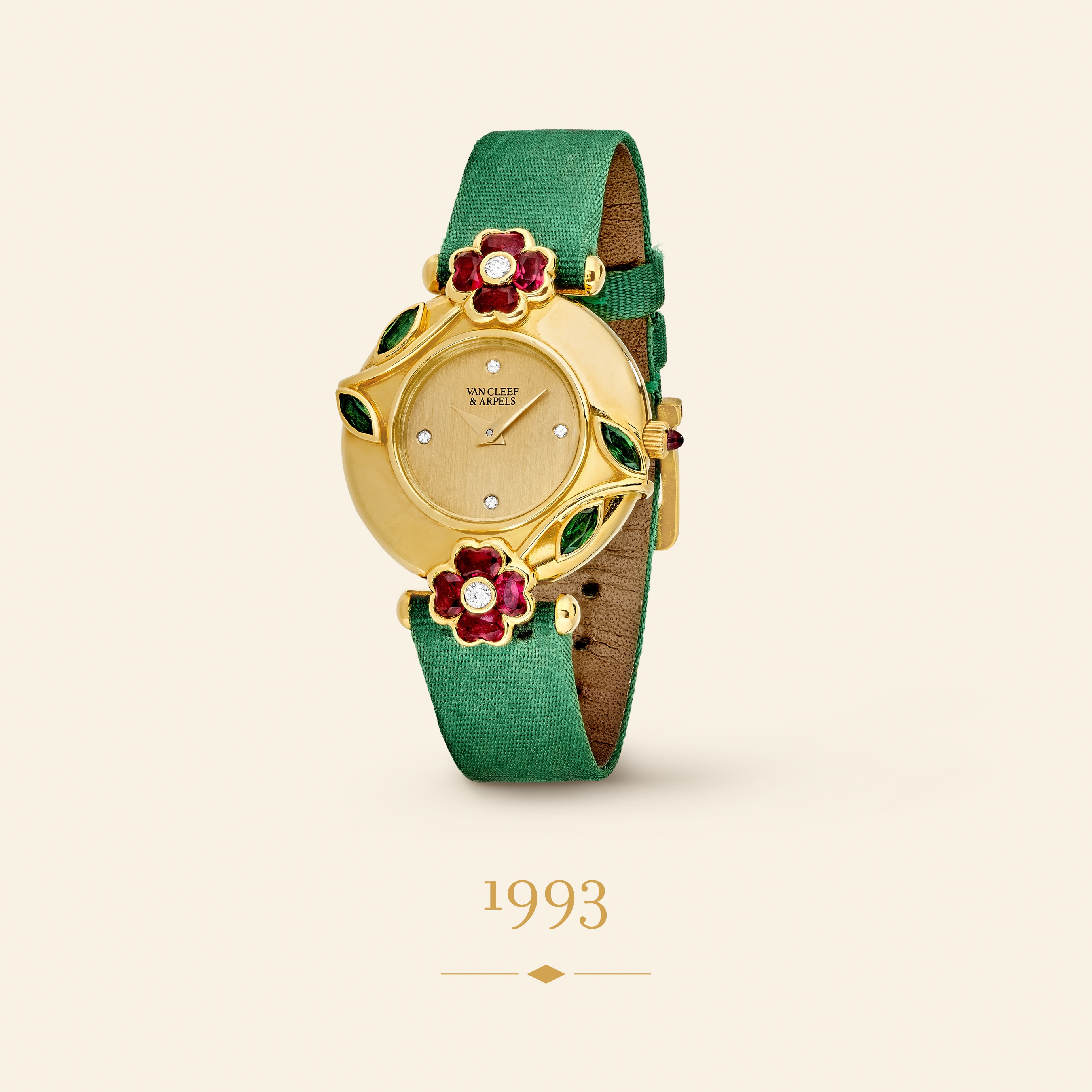 Wristwatch, 1993. Yellow gold, rubelites, tanzanites, leather, diamonds. Van Cleef & Arpels Collection.