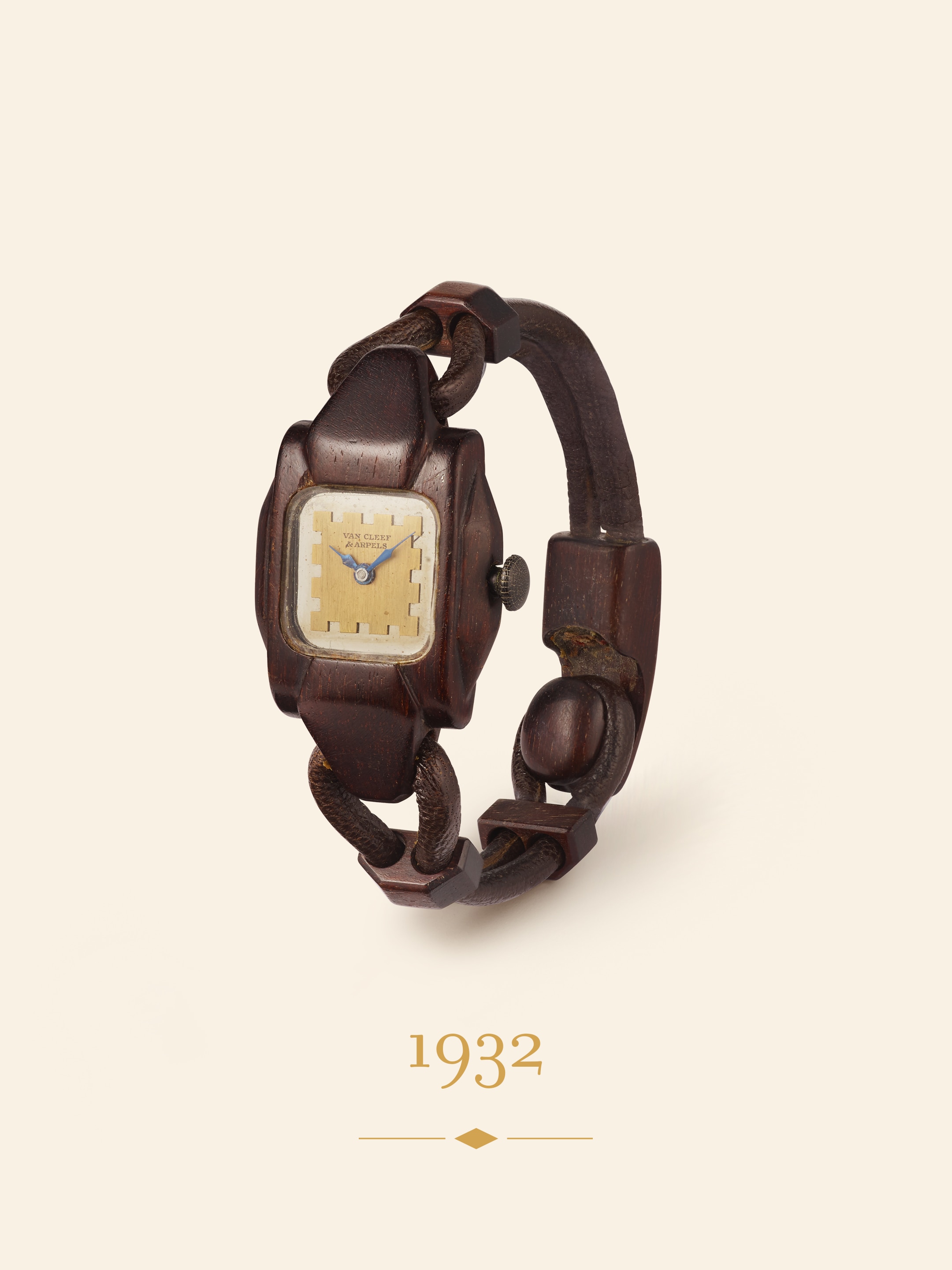 Wristwatch, circa 1932. Metal, wood, leather. Van Cleef & Arpels Collection.