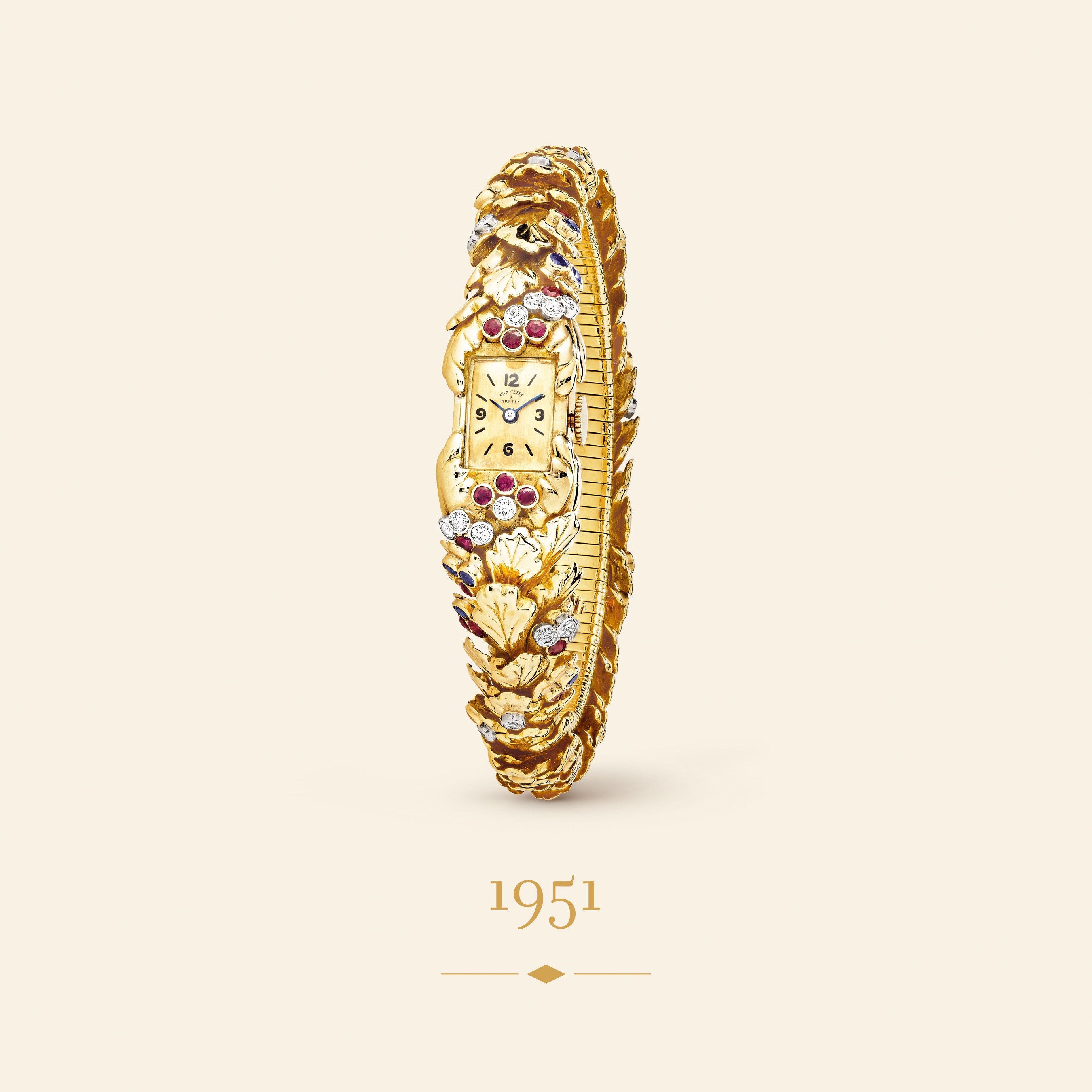 Oak Leaf wristwatch, 1951. Yellow gold, platinum, rubies, sapphires, diamonds. Van Cleef & Arpels Collection.