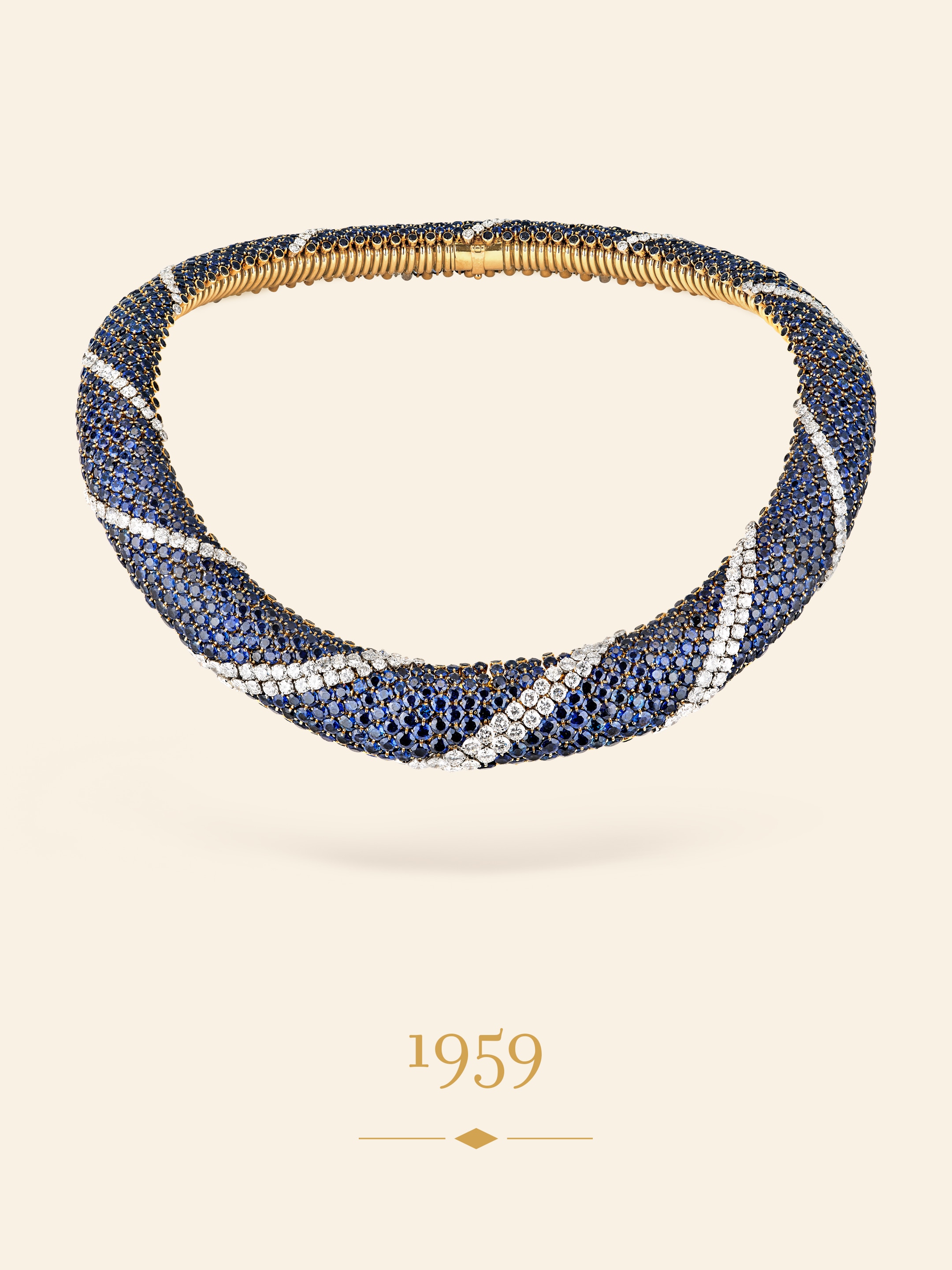 Pelouse set, 1959. Platinum, yellow gold, rose gold, sapphires, diamonds. Van Cleef & Arpels Collection.
