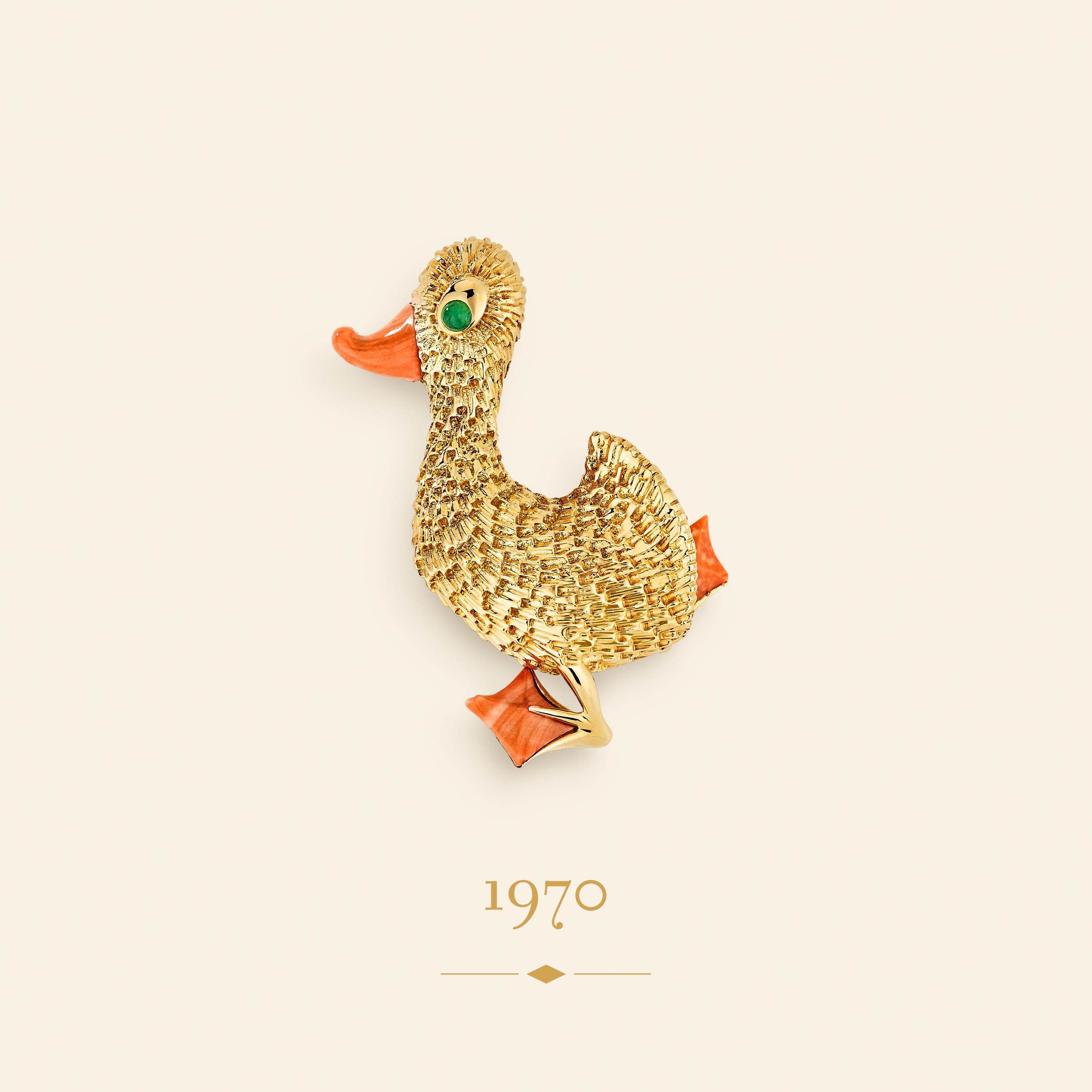 Duckling clips, 1970. Yellow gold, chrysoprase, coral. Van Cleef & Arpels Collection.