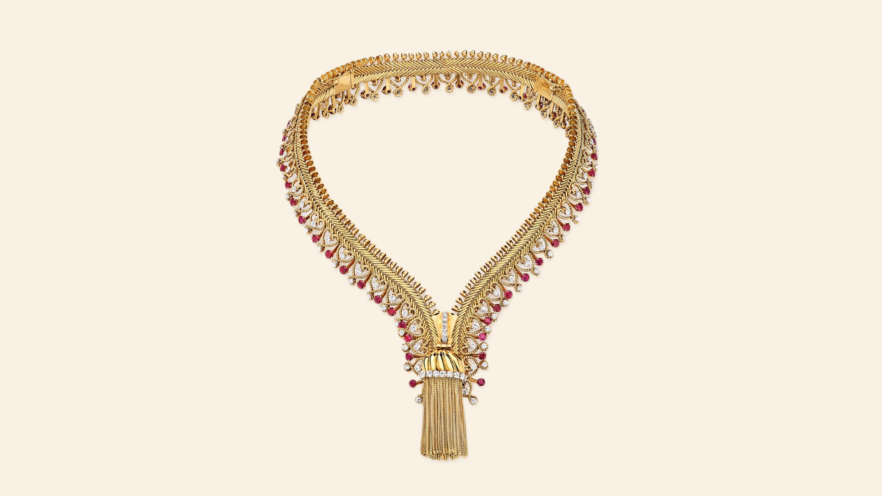 Zip necklace, 1954. Convertible into a bracelet. Yellow gold, platinum, rubies, diamonds. Van Cleef & Arpels Collection.