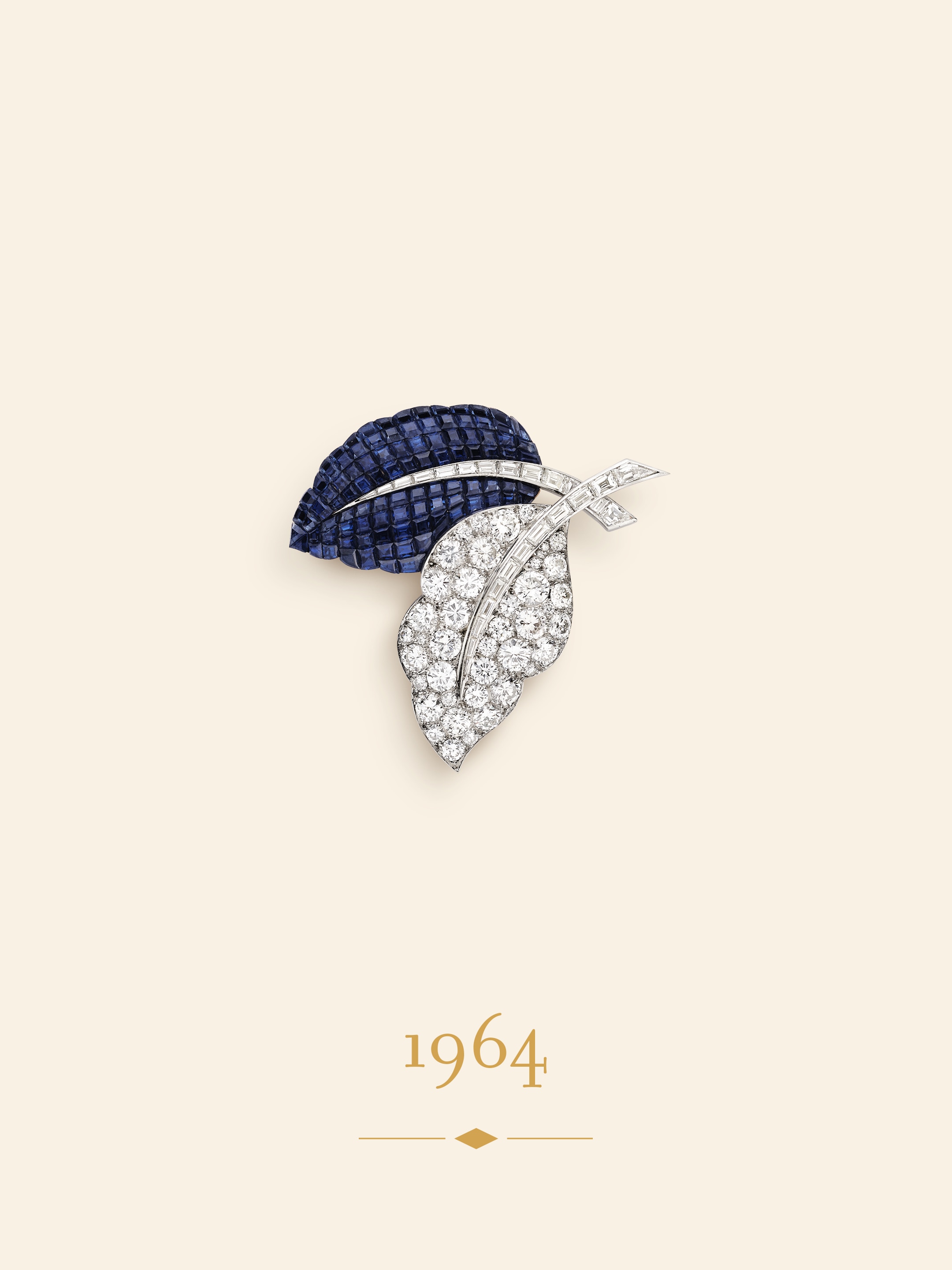 Two-leaf clip, 1964. Platinum, white gold, Mystery Set sapphires, diamonds. Van Cleef & Arpels Collection.