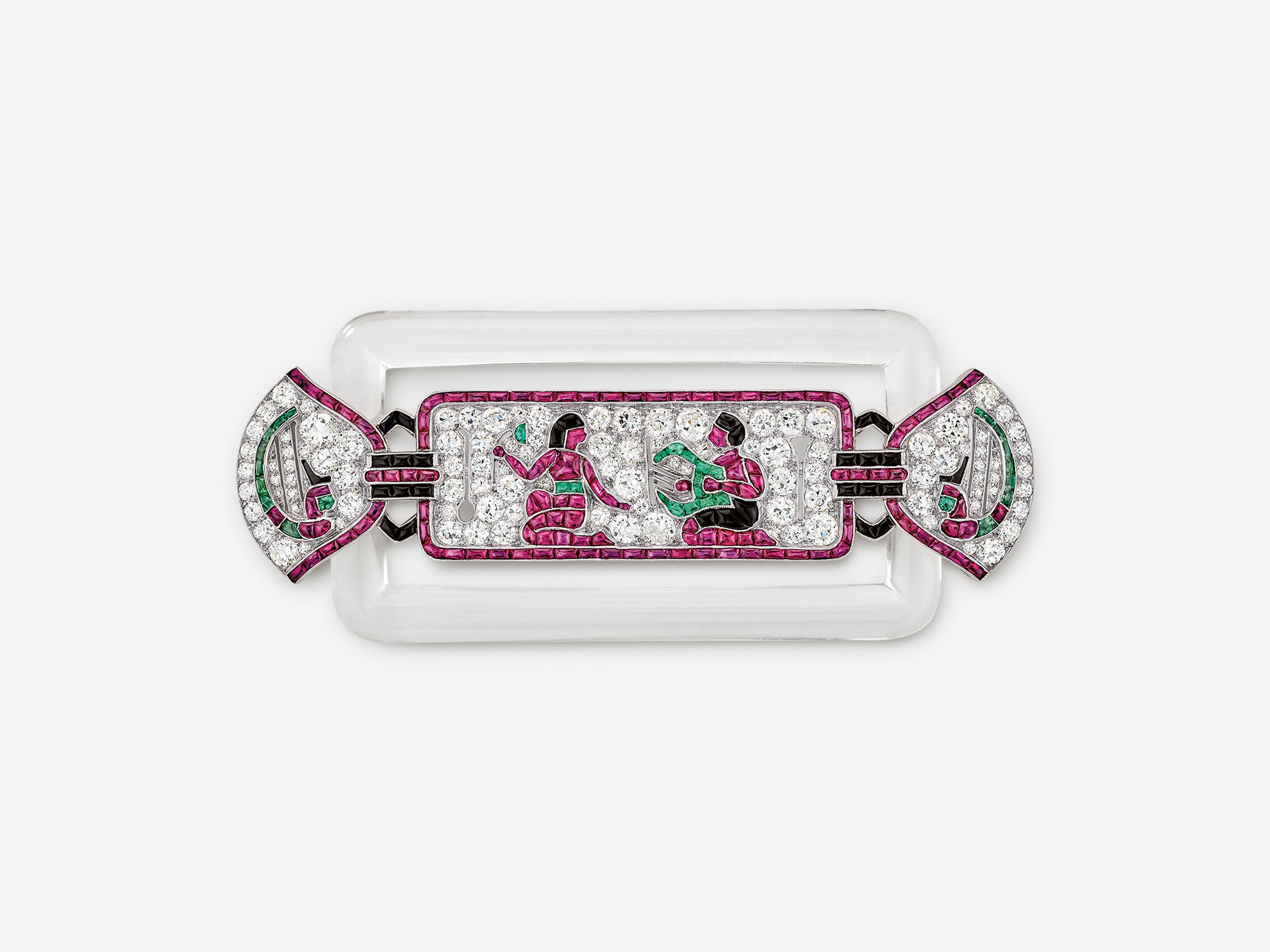 Egyptian Pattern brooch, 1924. Platinum, emeralds, rubies, rock crystal, onyx, diamonds. Van Cleef & Arpels Collection.