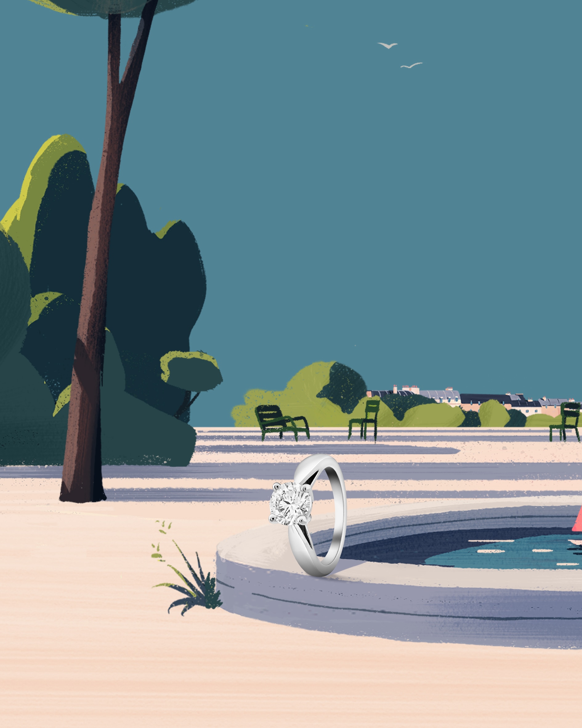 Romance wedding band, 2.1 mm, platinum, round diamonds, Toujours Signature Etoiles wedding band, 4 mm, 18K rose gold, one round diamond and Estelle wedding band, platinum, round diamonds. Bridal collection, Van Cleef & Arpels.