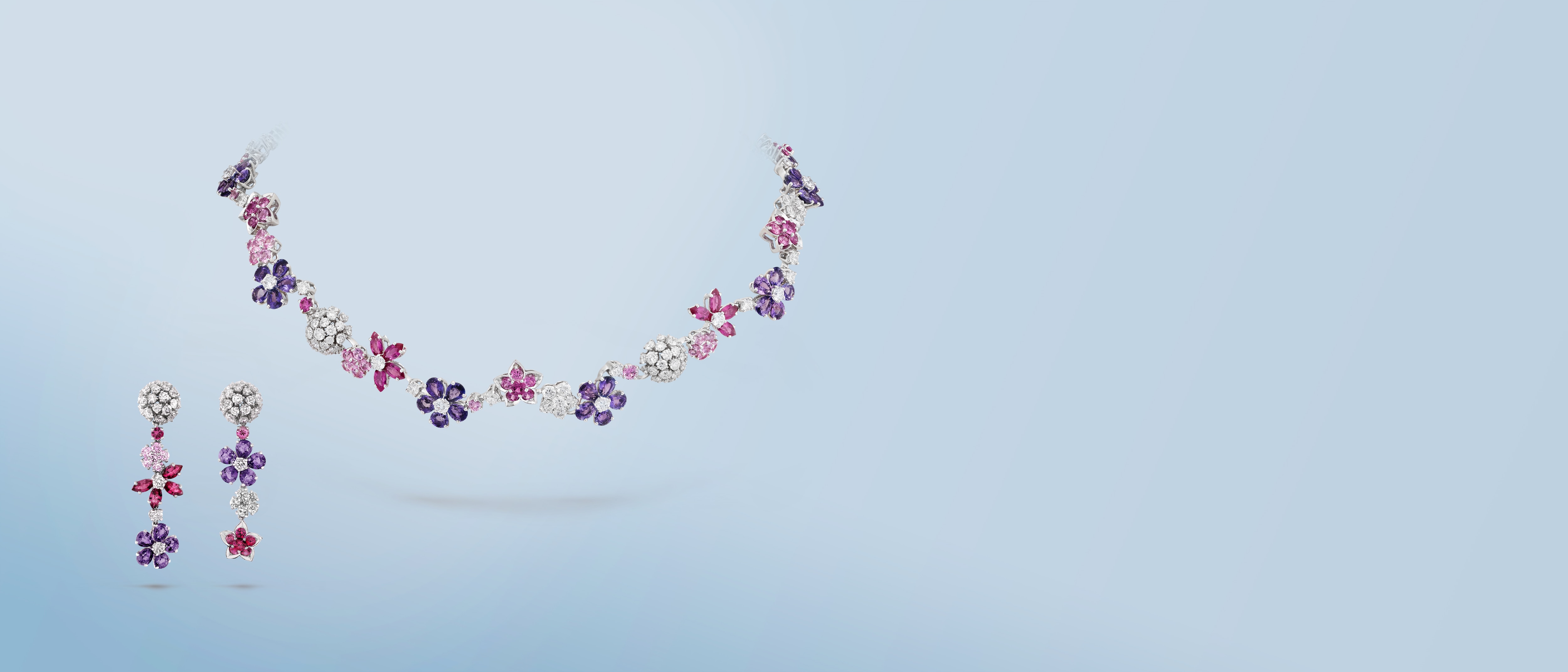 Folie des Prés necklace and earrings, White gold, Diamond, Sapphire, cover, Van Cleef & Arpels