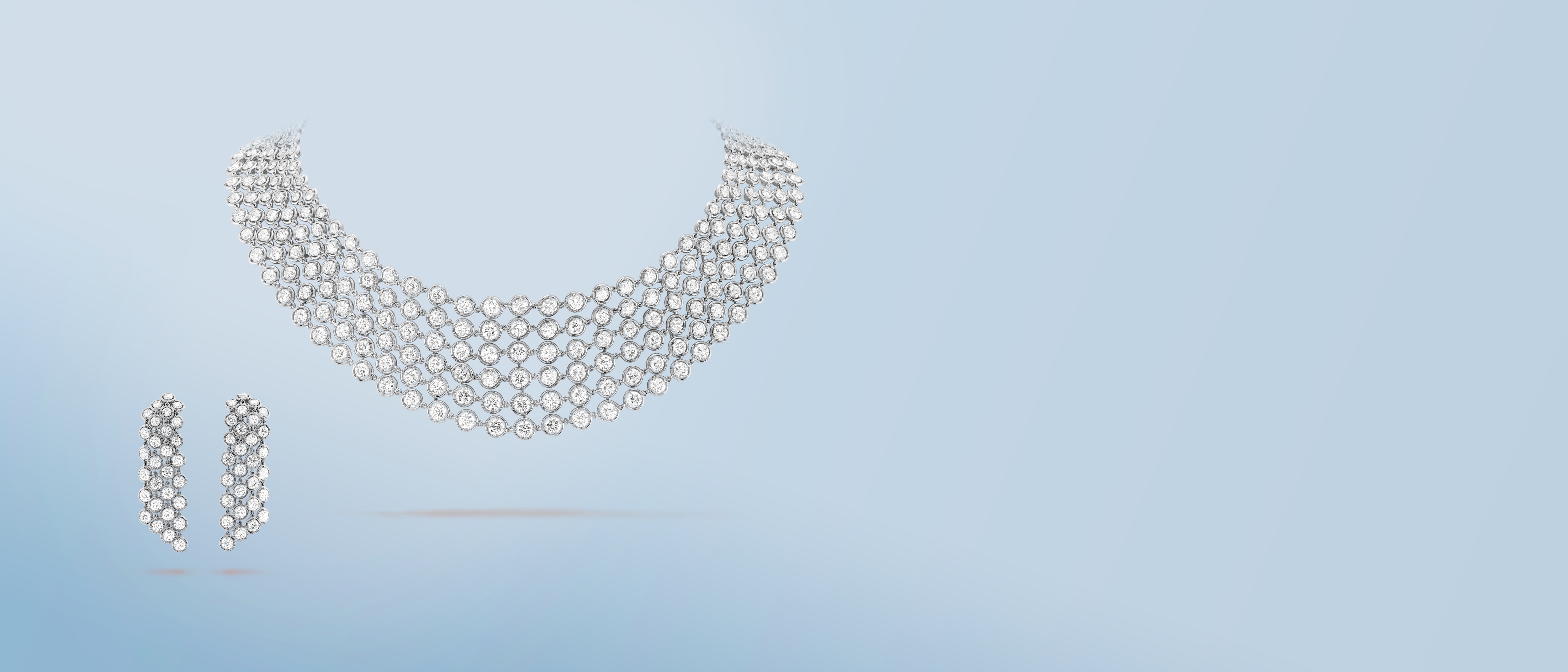 Palmyre necklace and earrings, White gold, diamonds, Palmyre collection, cover, Van Cleef & Arpels