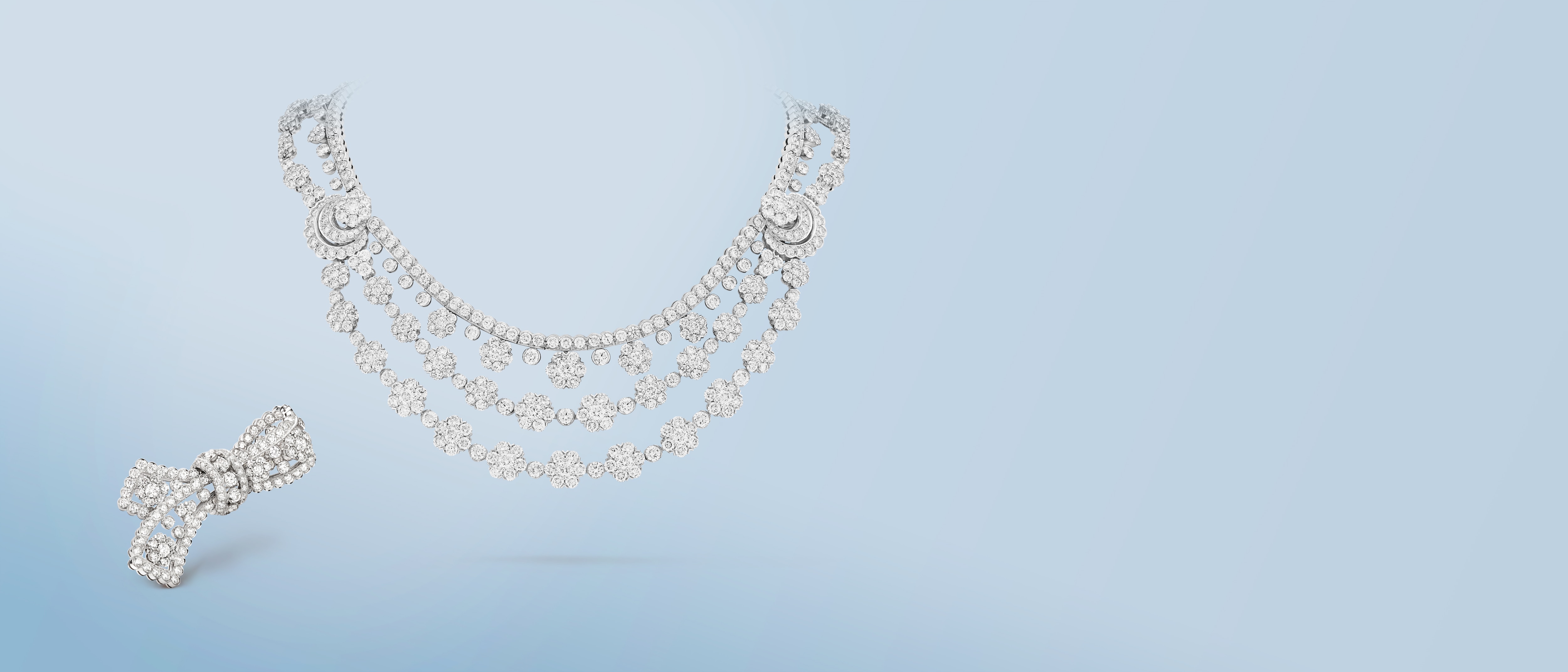 Snowflake transformable necklace and Snowflake noeud clip, Platinum, white gold, diamonds, Snowflake collection, cover, Van Cleef & Arpels