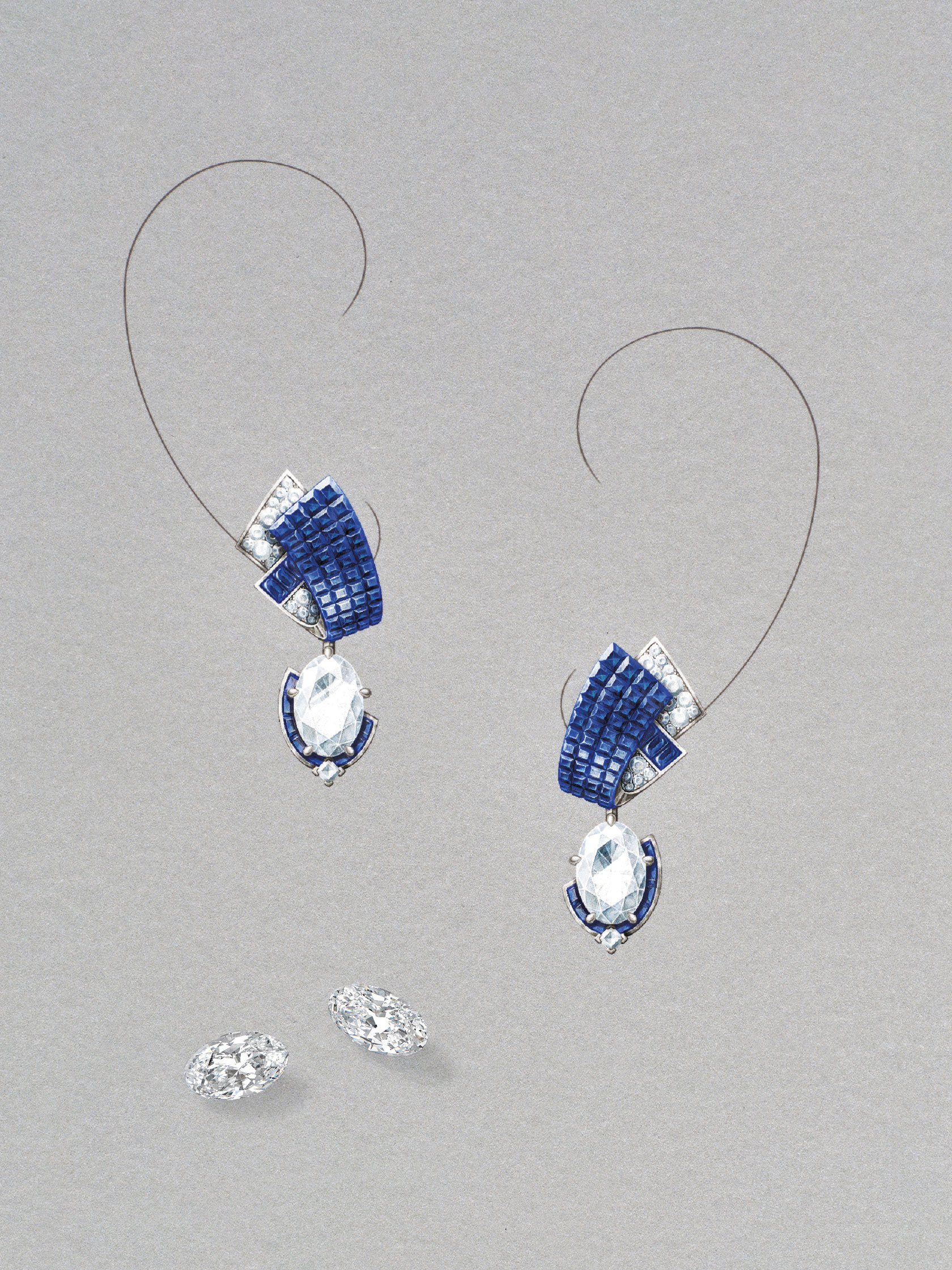 Flanelle Mystérieuse saphir earrings, detachable pendants, white gold, rose gold, two oval-cut DFL Type 2A diamonds of 5.31 and 5.12 carats, Traditional Mystery Set sapphires, sapphires, diamonds. Pierres de Caractère collection, Van Cleef & Arpels.