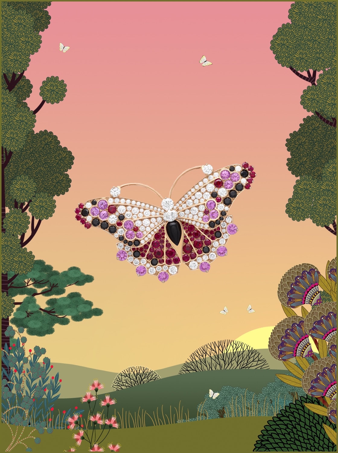 مشبك سيبِل باترفلاي، سافير زهري، ياقوت، إسبينيل أسود، أونيكس، ماس، مشبك هسبيري باترفلاي، ذهب أبيض، سافير وردي وبنفسجي، فيروز، عرق اللؤلؤ الأبيض، ماس، مشبك غولد بابيون ناكر، ذهب زهري، ماس مستدير، عرق اللؤلؤ الذهبي، مرجان أحمر، أحجار غارنيت سبيسارتيت قطع الإجاصة، أحجار تورمالين وردية بقطع كابوشون. مجموعة باترفلايز، دار فان كليف أند آربلز.