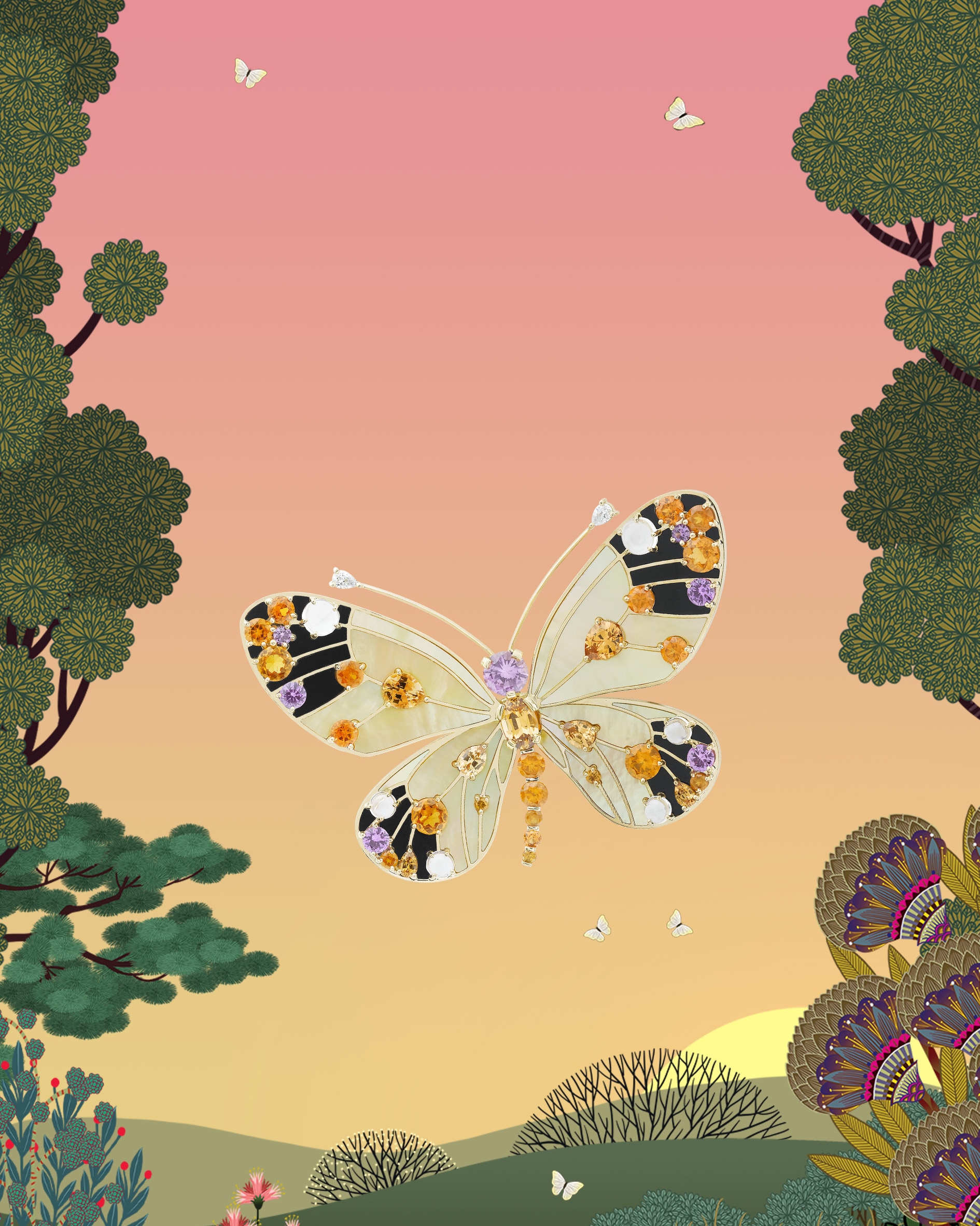 Cybèle butterfly clip, rose gold, pink sapphires, rubies, black spinels, onyx, diamonds, Hespérie butterfly clip, white gold, pink and mauve sapphires, turquoise, white mother-of-pearl, diamonds, Gold Papillon Nacre clip, rose gold, round diamonds, gold mother-of-pearl, red coral, pear-shaped spessartite garnets and pink cabouchon-cut tourmalines. Butterflies collection, Van Cleef & Arpels.