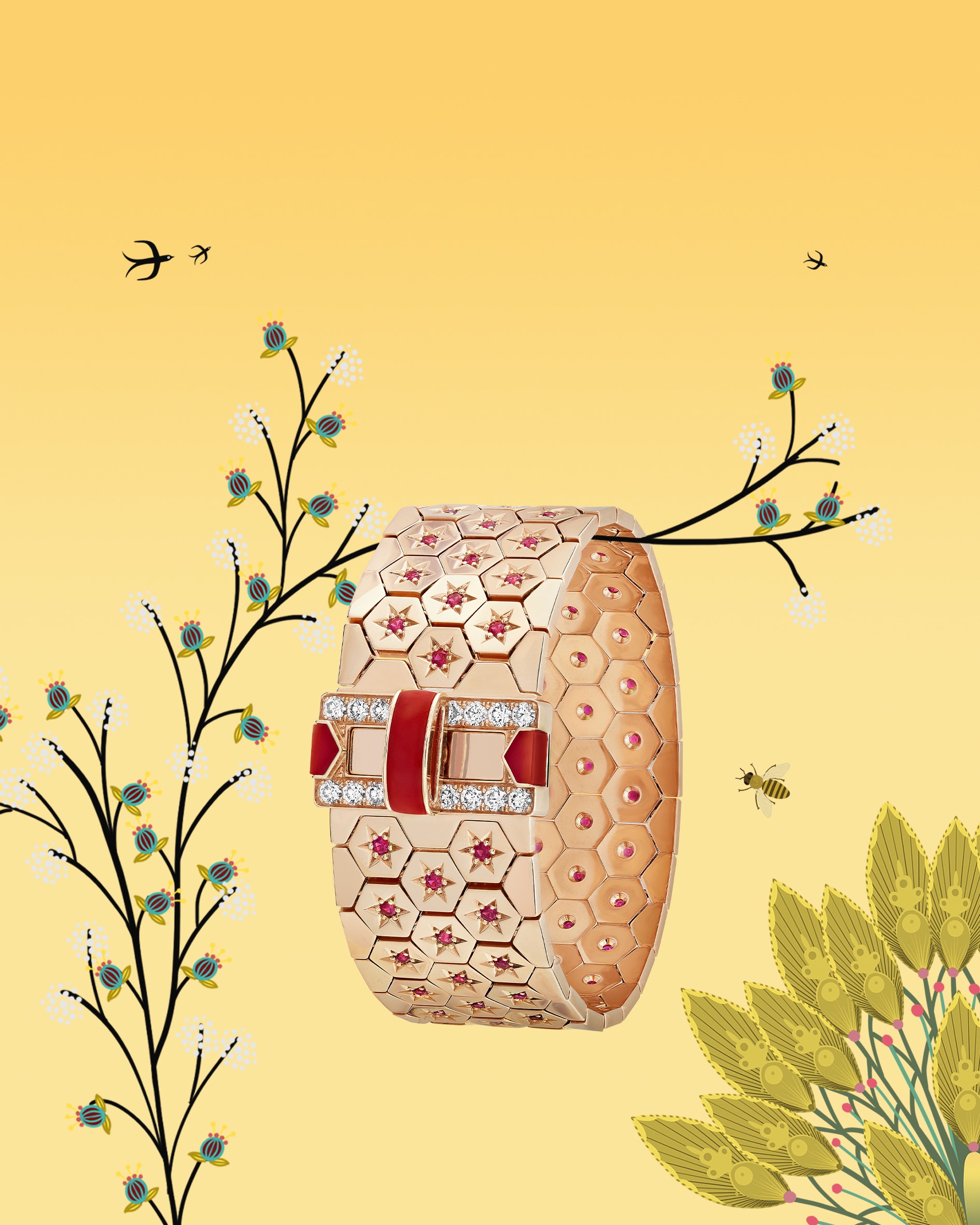 Ludo bracelet. 18K rose gold, rubies, coral, diamonds. Ludo collection, Van Cleef & Arpels.