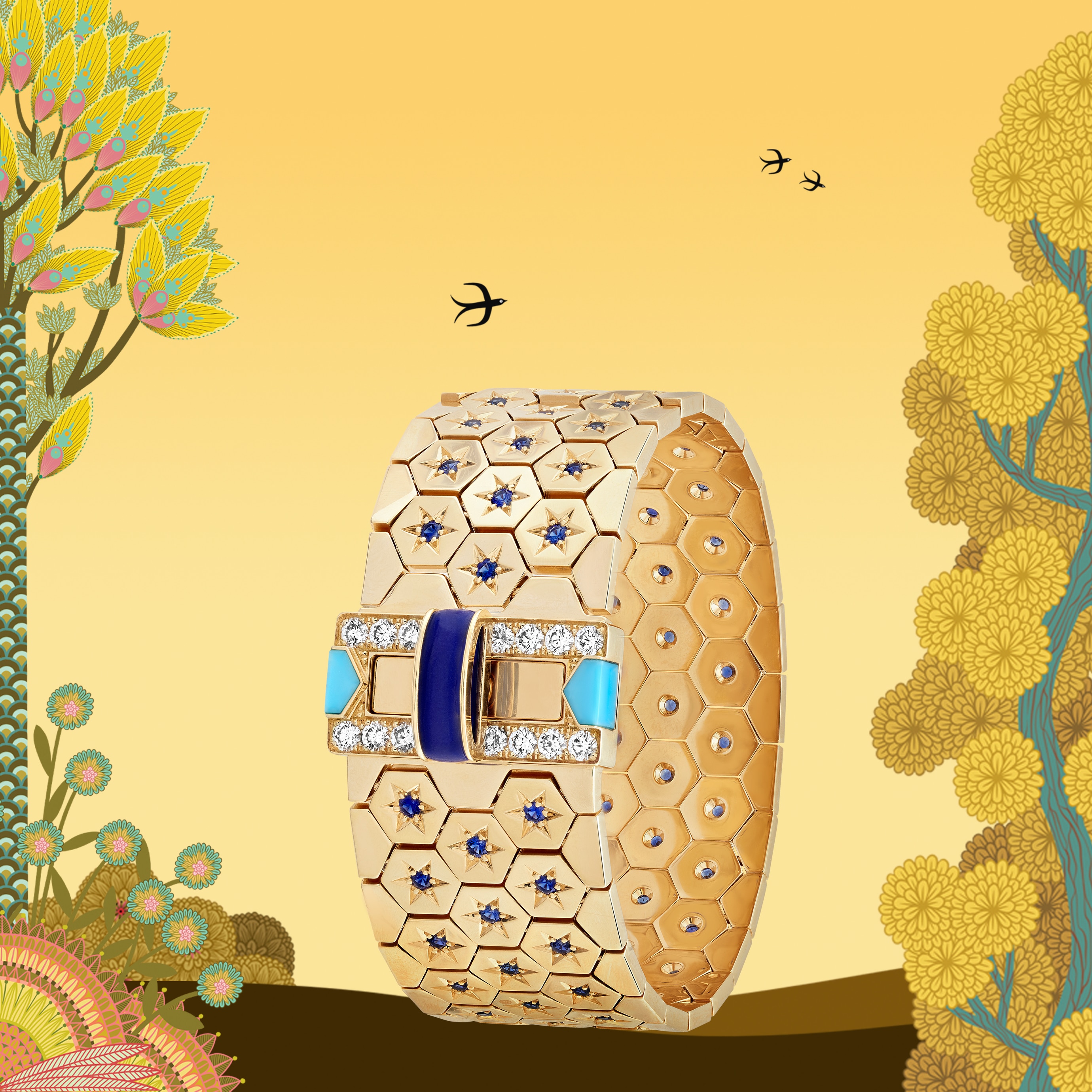 Ludo手镯。18K黄金,蓝宝石,青金石,绿松石,钻石。Ludo系列,Van Cleef & Arpels梵克雅宝。