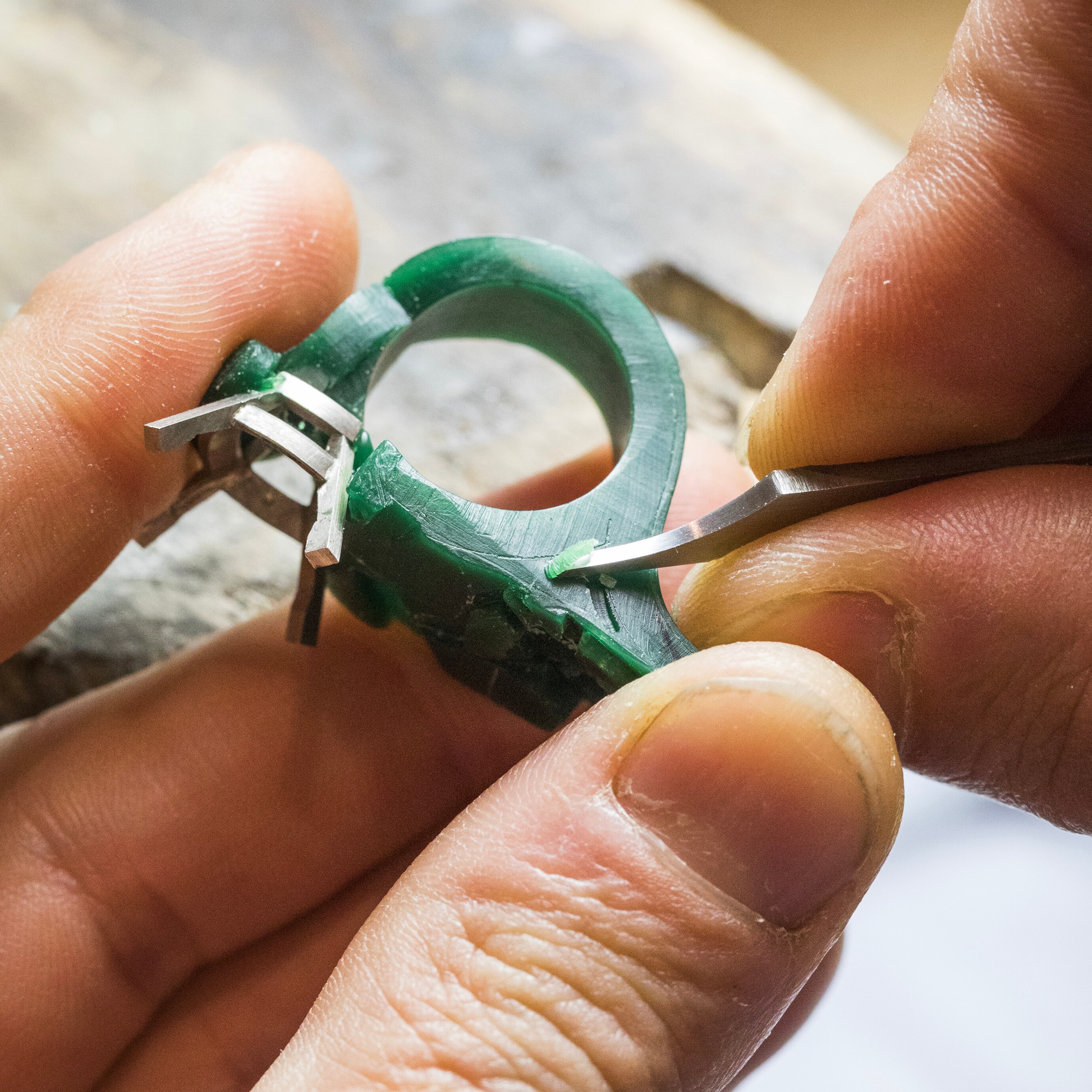 Engraving work on the green wax. Butterflies collection, Van Cleef & Arpels.