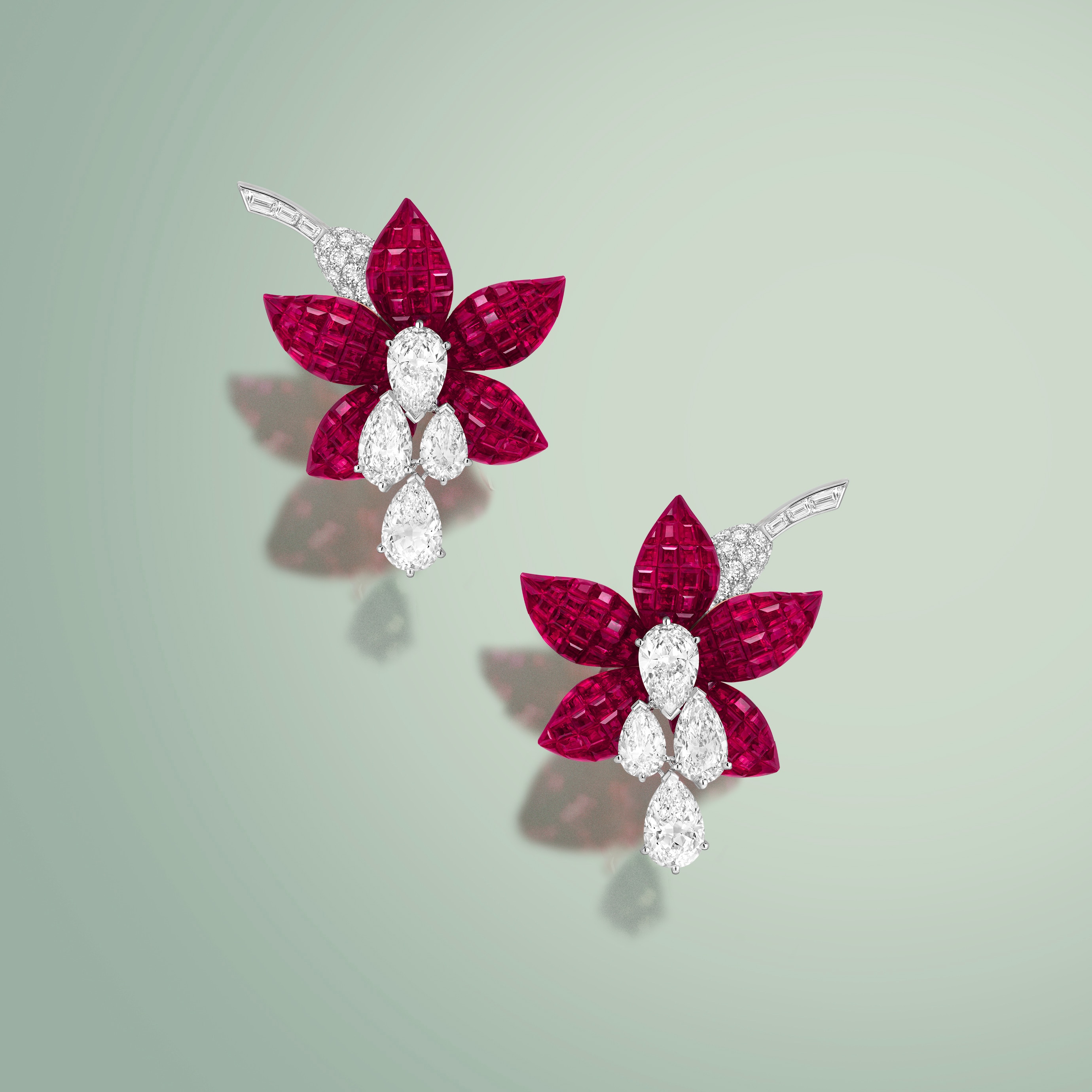 Fuchsia earrings. White gold, Rose gold, Platinum Traditional Mystery Set™  ruby, diamonds. Flowers collection, Van Cleef & Arpels.