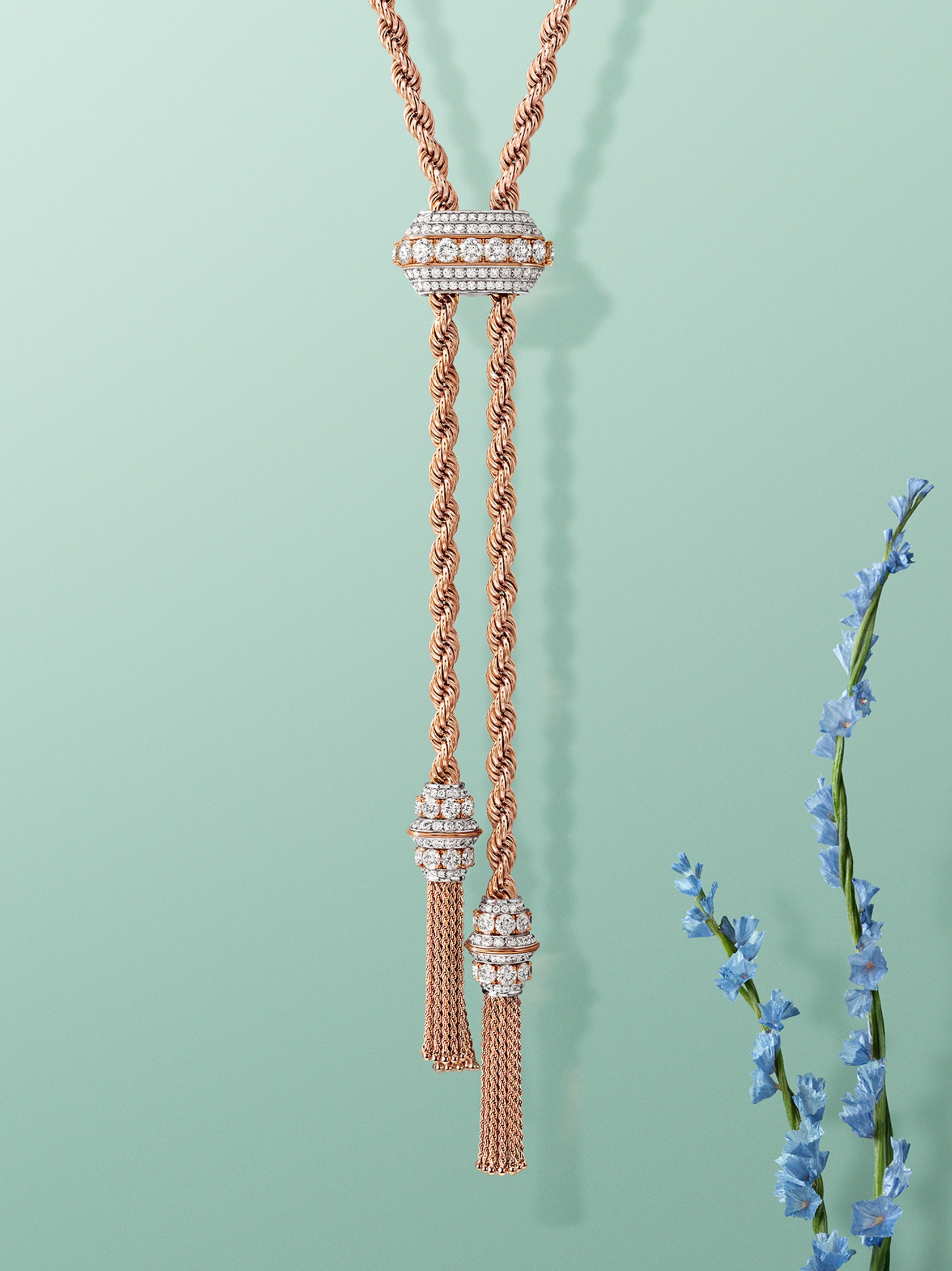 Liane long necklace. 18K rose gold, rhodium plated 18K white gold, diamonds. Liane collection, Van Cleef & Arpels.